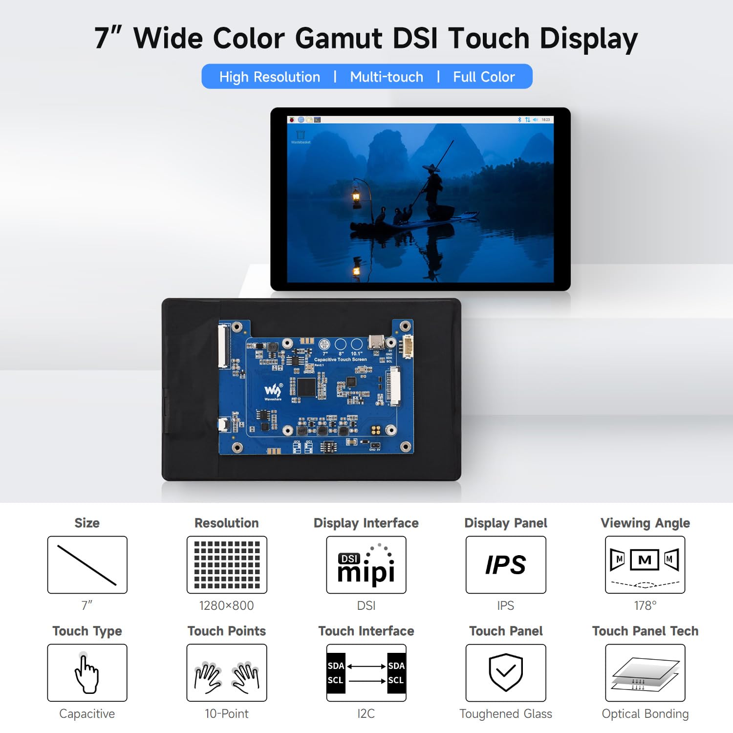Waveshare 7inch DSI Capacitive Touch Display 2 for Raspberry Pi 5/4B/CM4 IO Board, 1280 x 800, 10-Point Touch, Higher Color Gamut, IPS, Optical Bonding Toughened Glass Panel, DSI Interface
