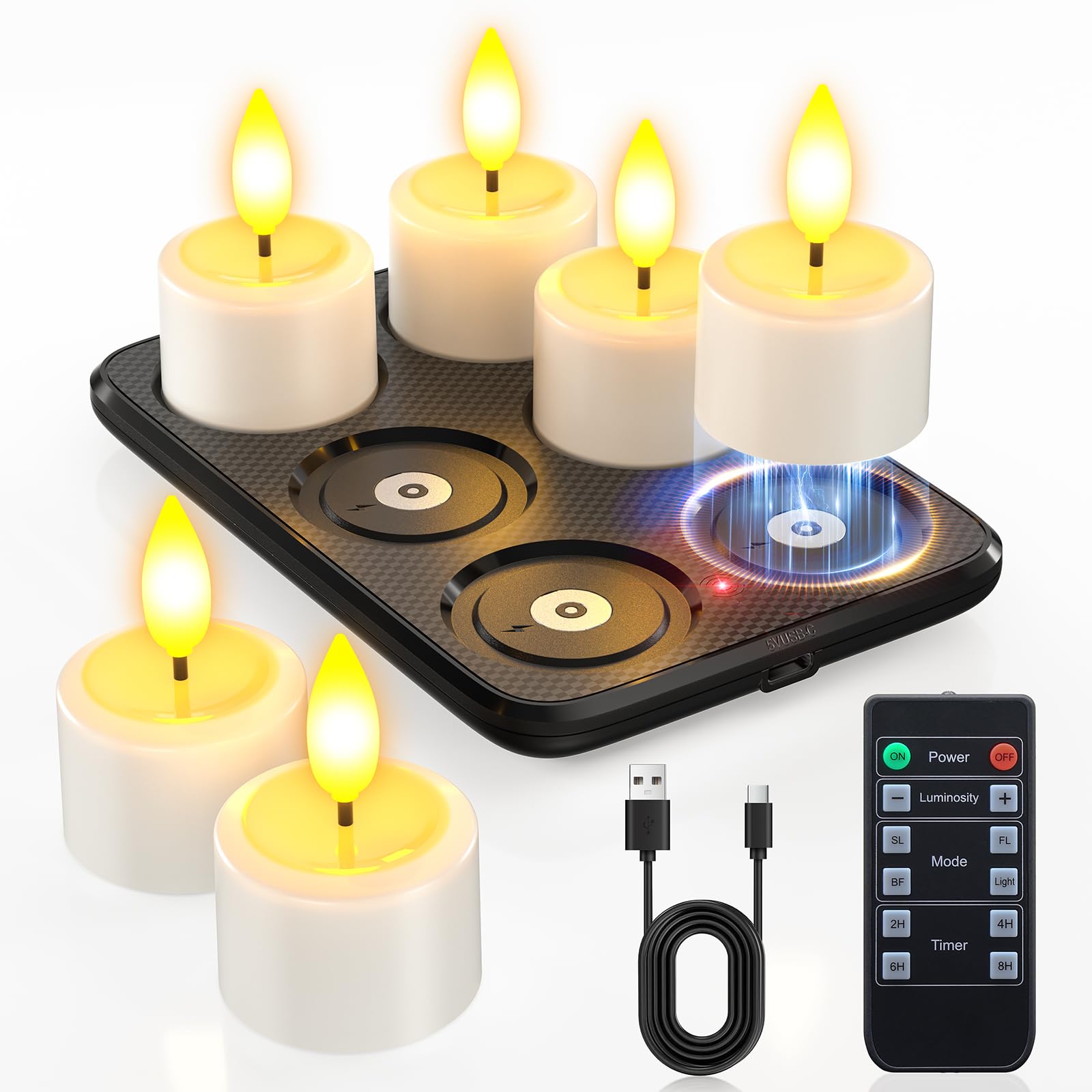 Yme Rechargeable Flameless Tea Lights Candles with Remote & Magnetic Charging Base, 6pcs Waterproof Battery Operated LED Flickering Votive Candles