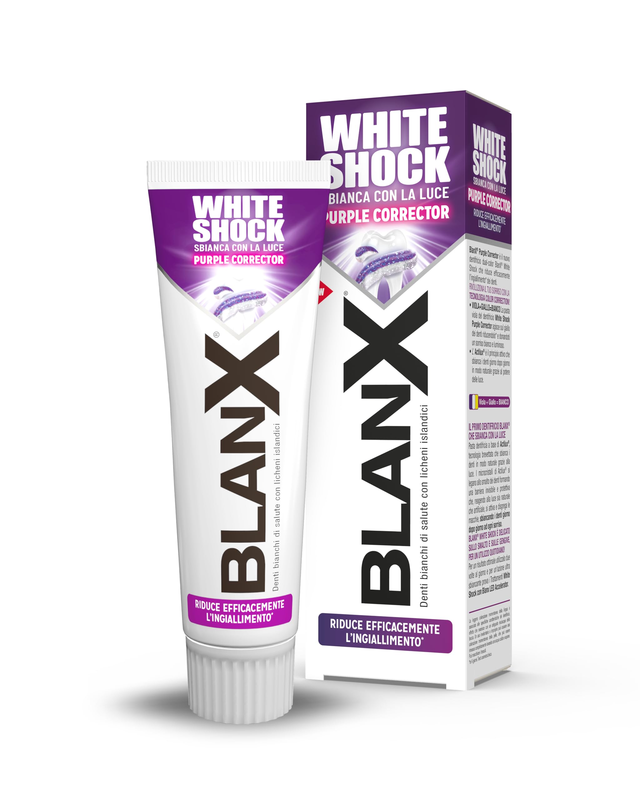 BlanX White Shock Purple Corrector, pasta de dientes Dual Color, reduce eficazmente el amarilleamiento con tecnología Actilux y Corrección de Color Suave para el esmalte y las encías, 75 ml