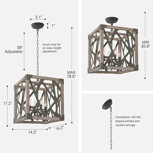 Miniatura 7 de 4 luces colgantes de metal negro de madera para isla de cocina, jaula cuadrada moderna de granja rústica para comedor, lámpara de araña rectangular