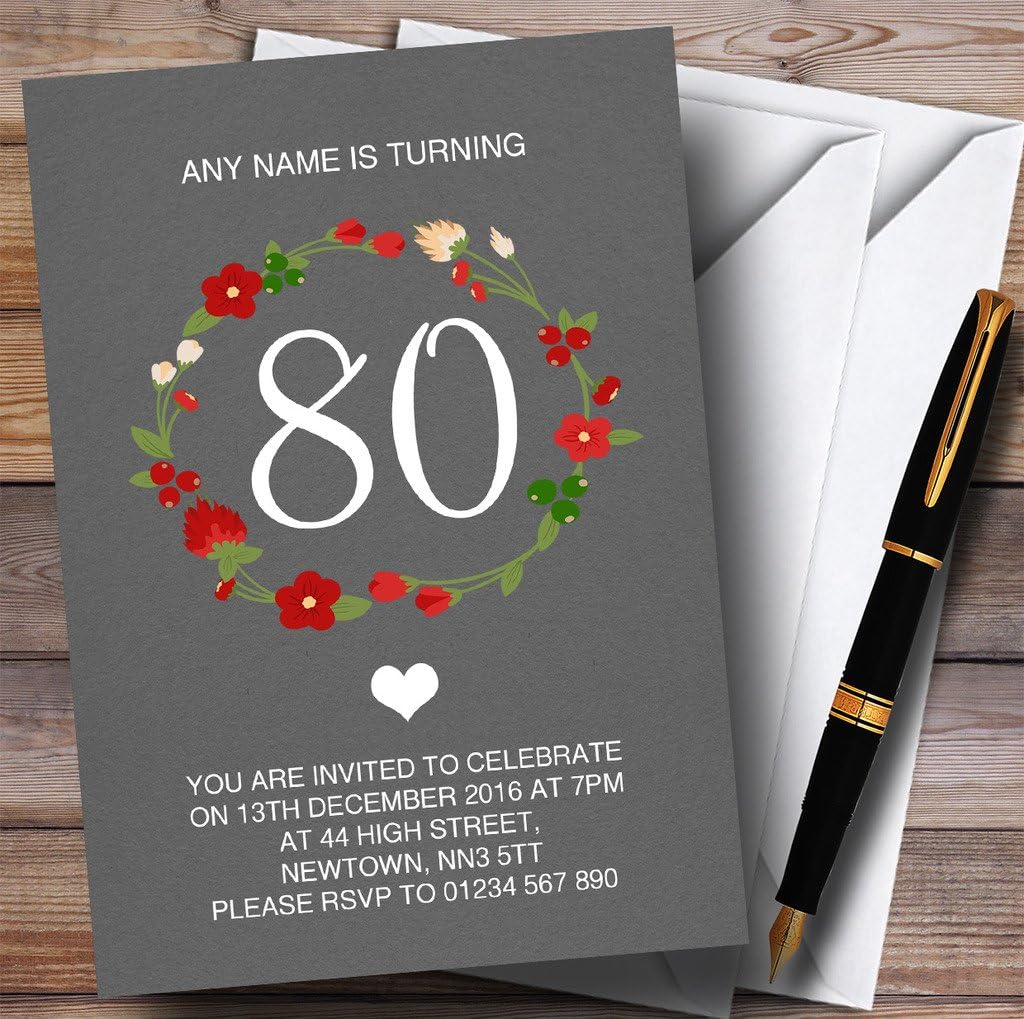 Red Floral Wreath Grey Rustic 80th Personalized Birthday Party Invitations