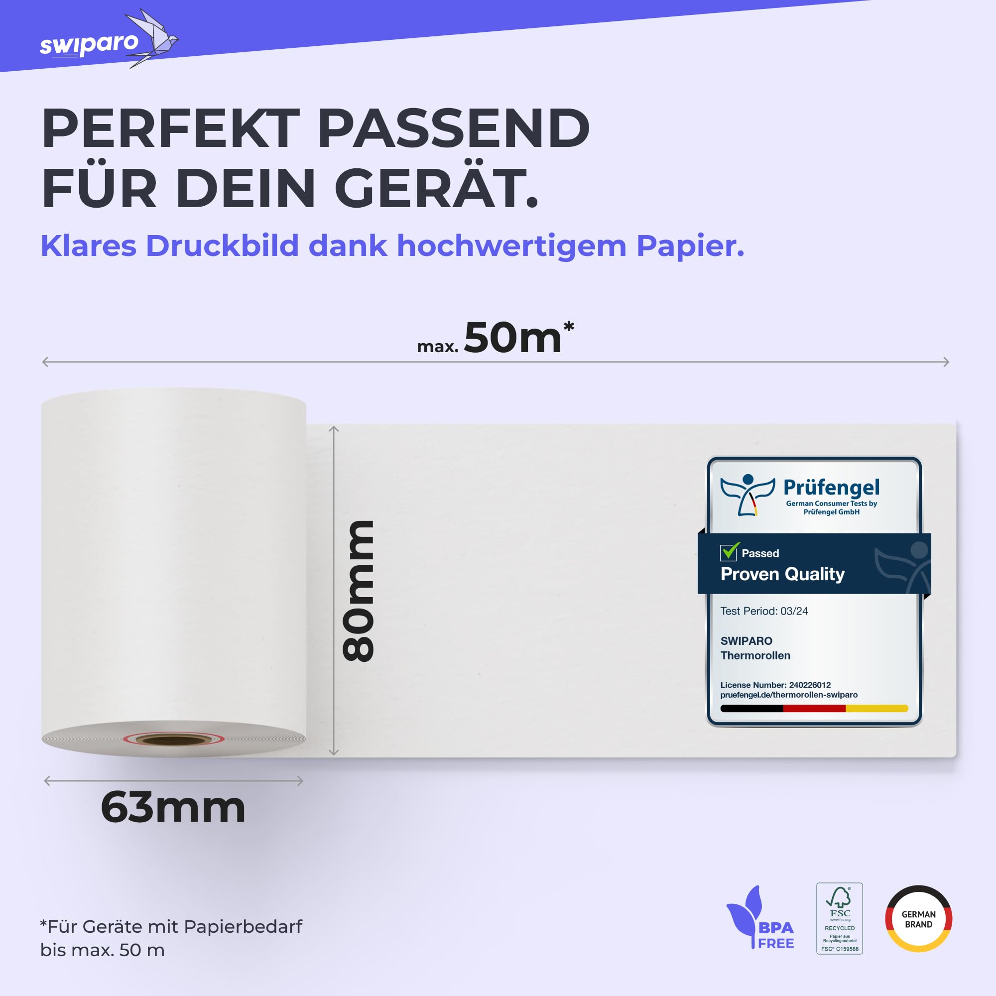 Thermorollen 80mm x 63mm x 12mm [Universell für gängige Kassensysteme] - Kassenrollen 80x63x12 Thermo - Bonrollen Thermopapier - Geeignet für Drucksysteme mit Papierbedarf bis 50m (50 Stk)