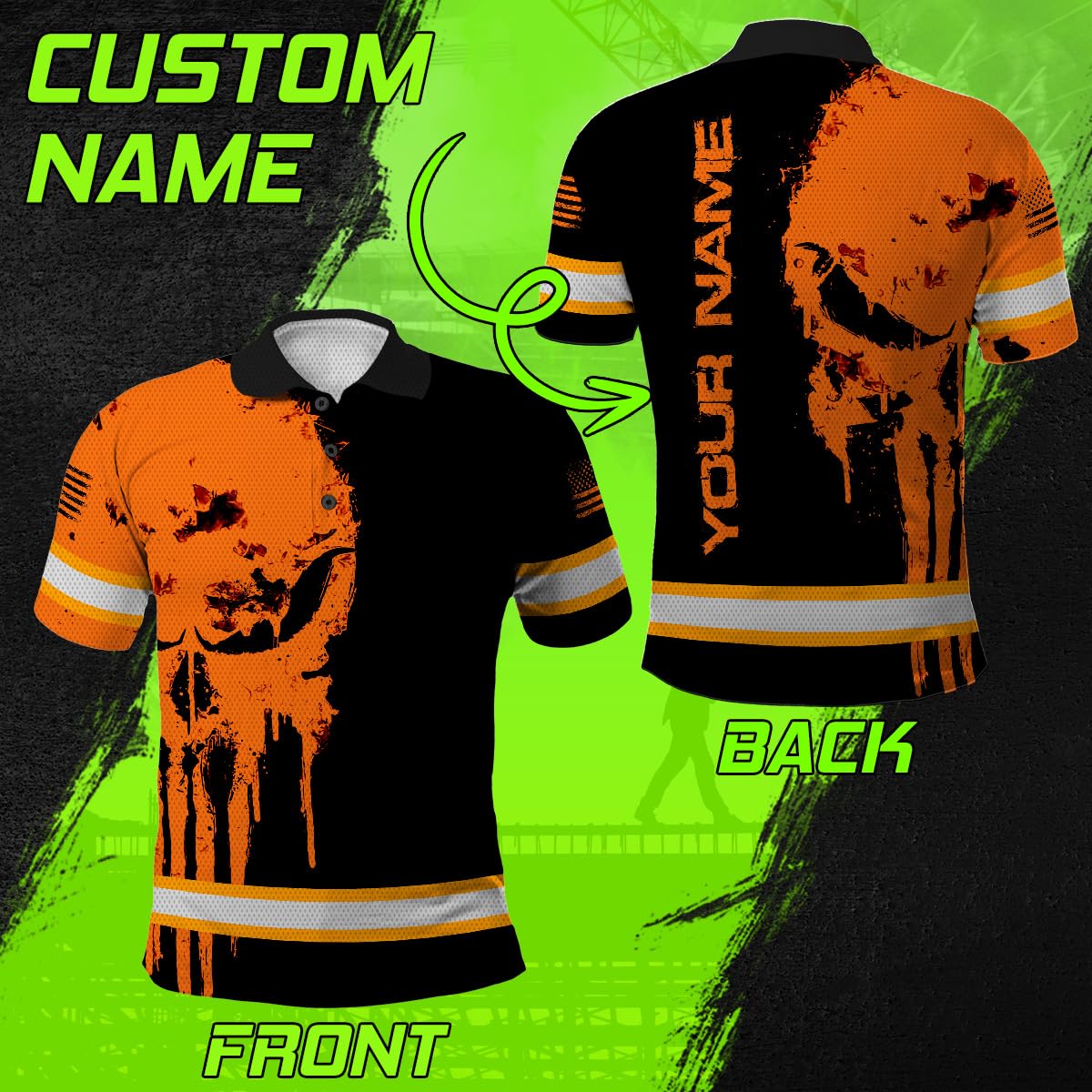 Maddly Hi Vis Polo Shirt Reflective Orange Neon Skull US Flag Custom Name Safety Workwear for Workers, Runners, Cyclists, Trucker, Operator, Patriotic-2XL