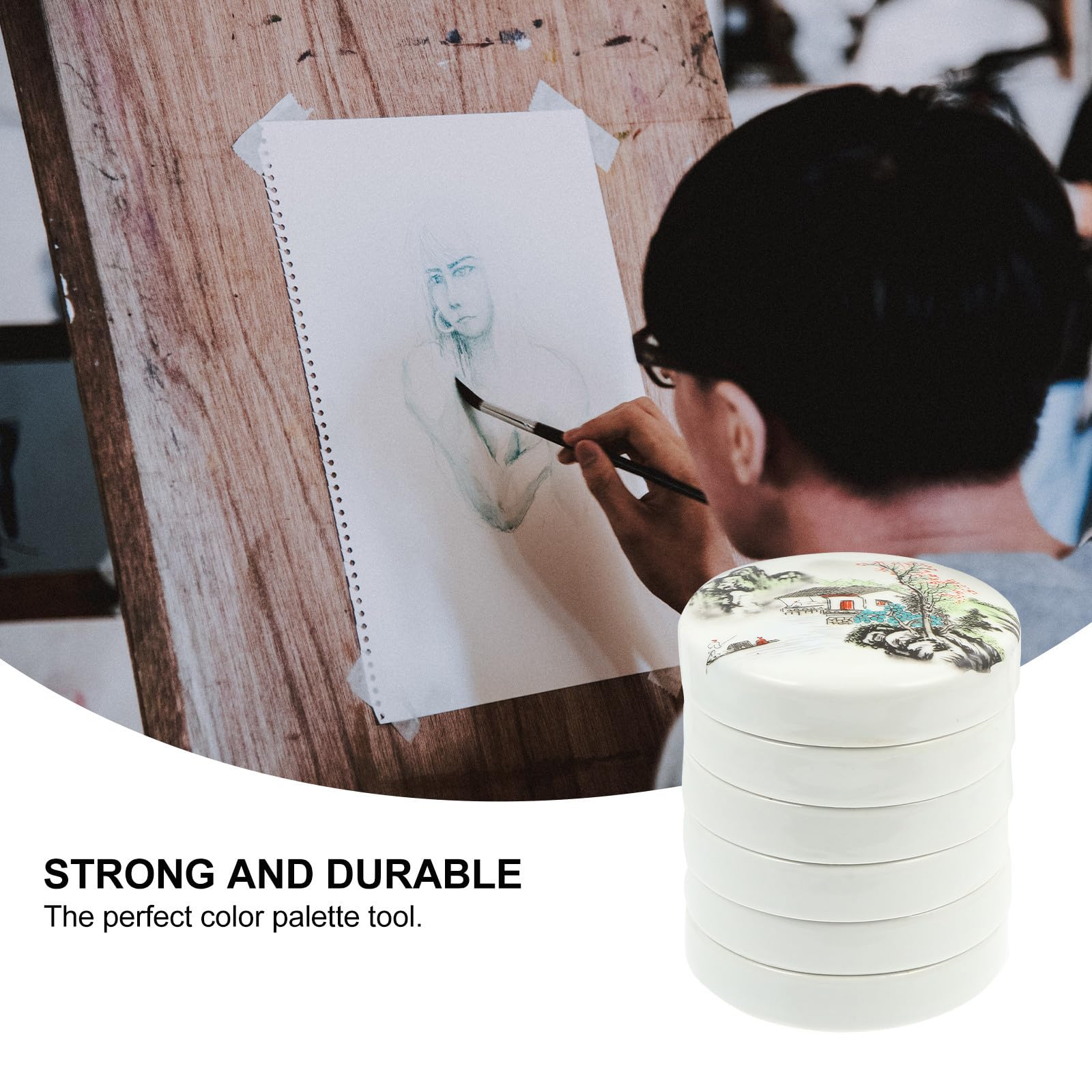 YARNOW Palette avec Couvercle en Céramique Blanche Faible Absorption d'eau à 5 Couches Surface Polie et Lisse pour Peinture Acrylique et Tempera