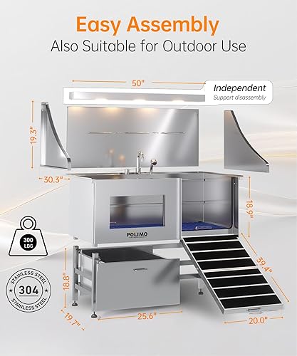 Miniatura 5 de POLIMO Estación de lavado de perros, estación de baño profesional LED de acero inoxidable de 50 pulgadas, bañera de aseo para perros grandes,