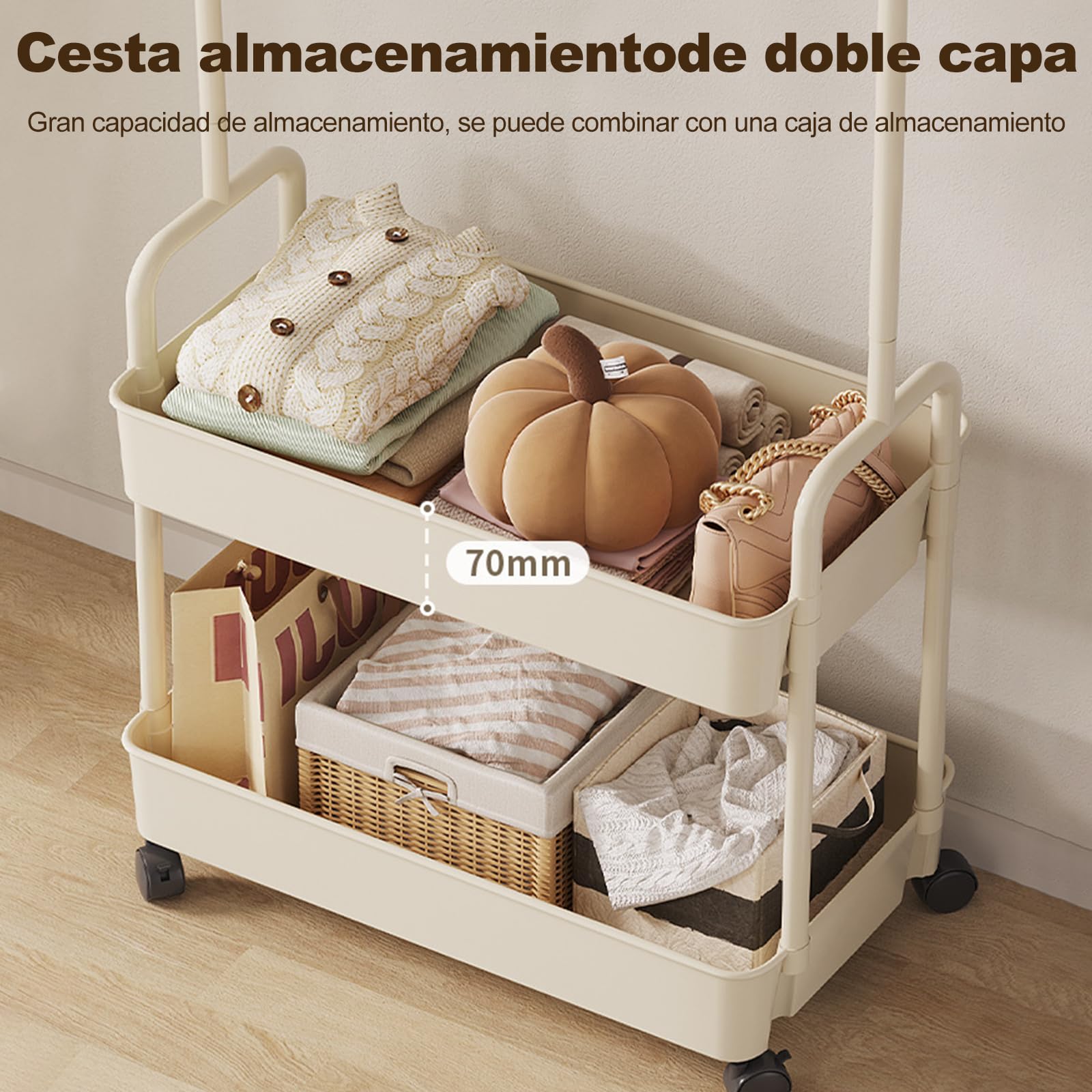 Ergocar Percheros Burro Metal Con Cestas Almacenamiento Sellado Múltiple y Perchas Independientes Móviles Con Percha Polea Pequeña Estante Ropa Moderna