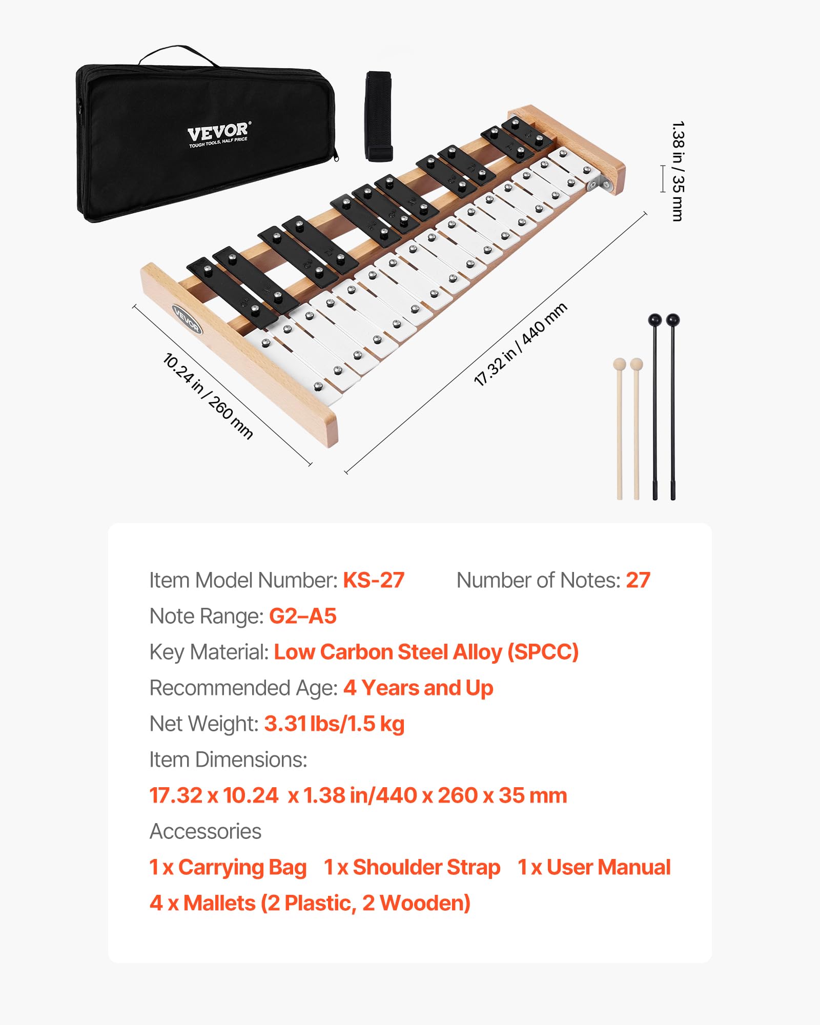 VEVOR Glockenspiel Diatonico Xilofono, 27 Note, Strumento a Percussione Professionale Xilofono, con Tasti in Metallo, con 4 Bacchette, Borsa per Trasporto, Strumento Musicale per Insegnamento