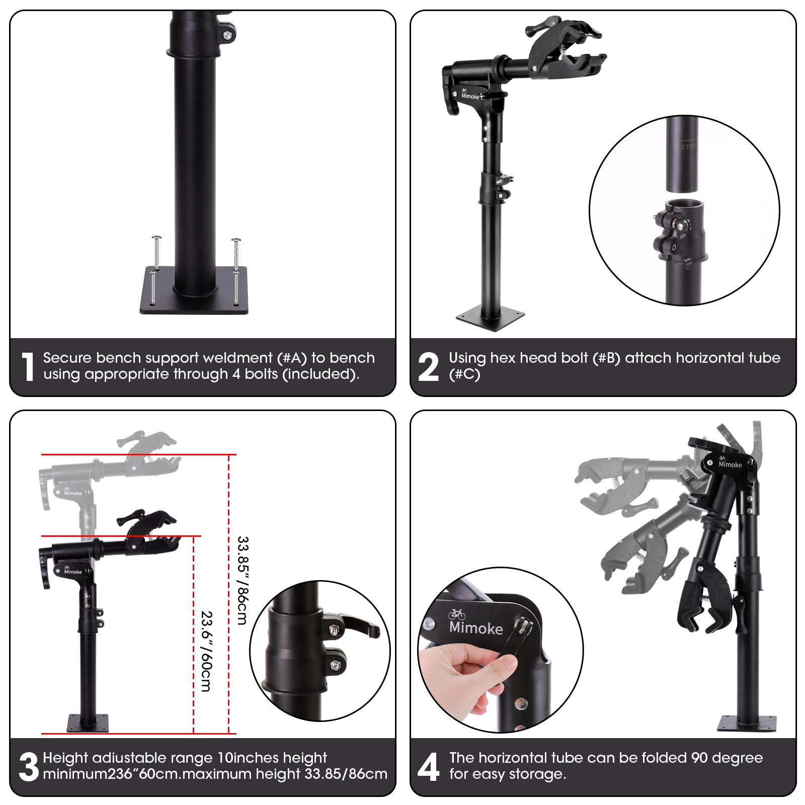 Mimoke Soporte de pared para reparación de bicicletas, soporte de banco de trabajo para bicicleta, abrazadera de altura ajustable, estante de mantenimiento del hogar