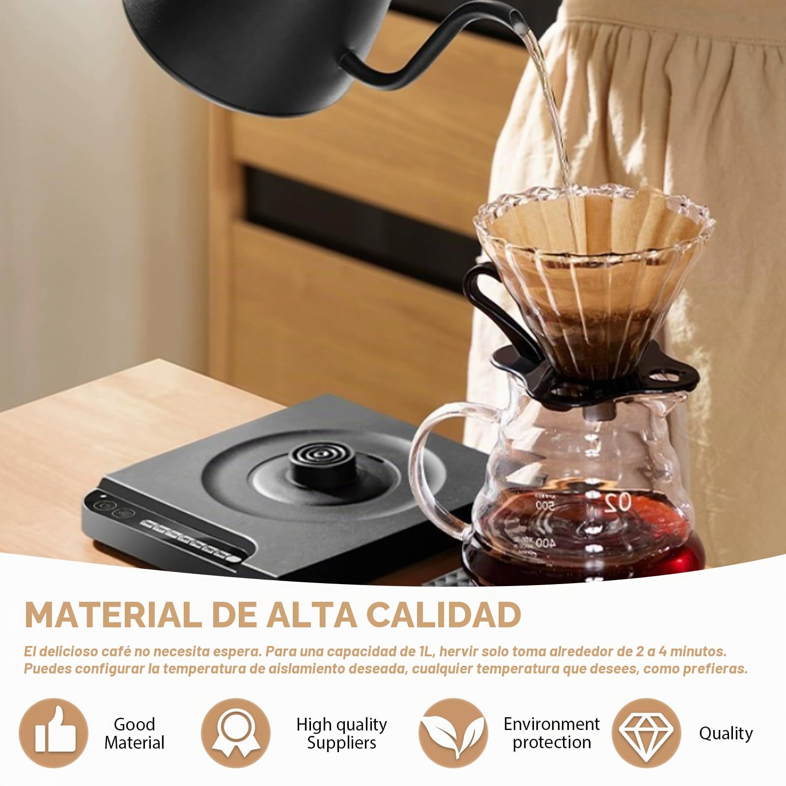 1L Hervidor de agua de acero inoxidable: Hervidor de agua de cuello de cisne, 45-100°C Regulación inteligente de temperatura, 1000W Hervidor eléctrico para el hogar y preparación de café, negro