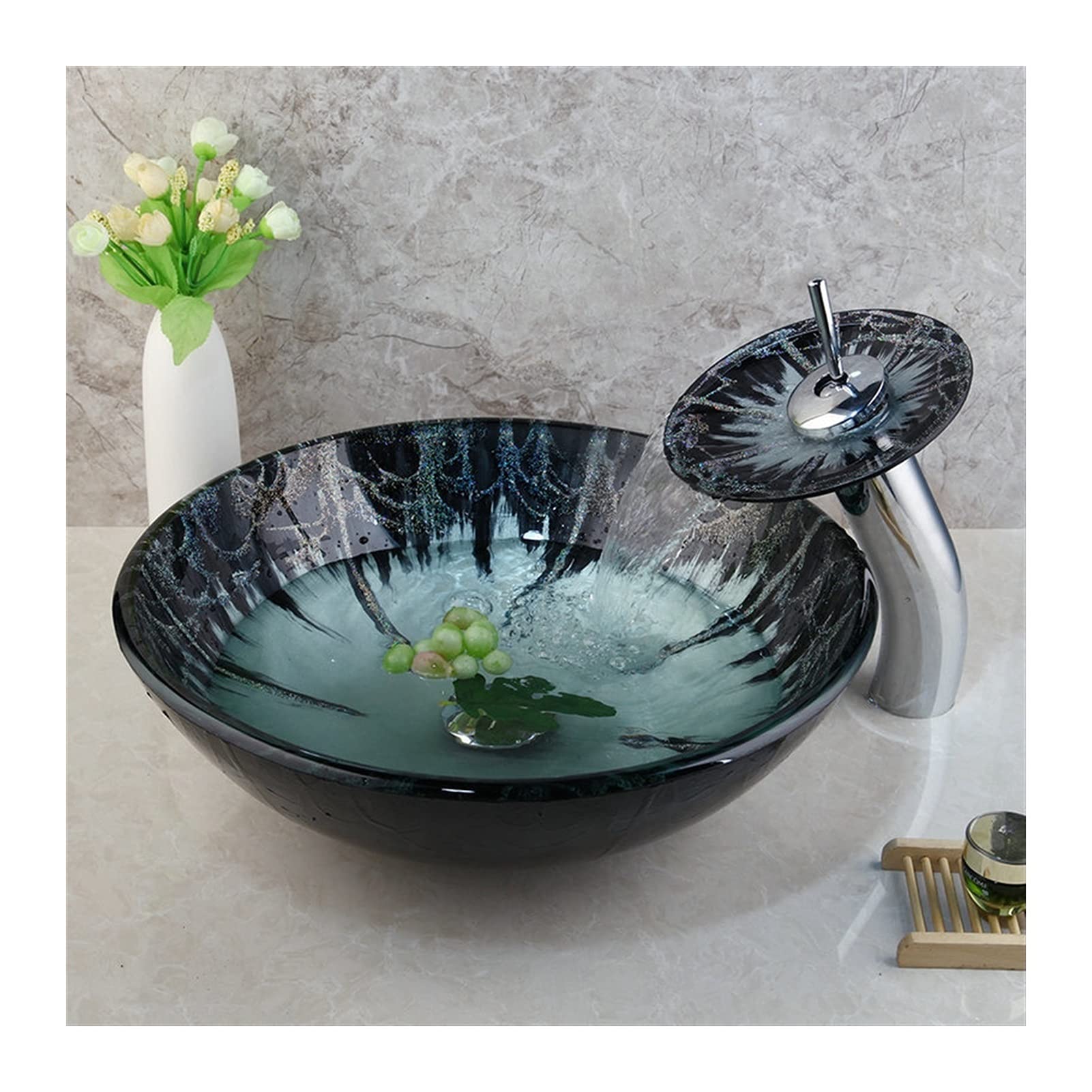 CWCQGH Bathroom Sink Tempered Glass Vessel Sink And Faucet Combo Bathroom Sink Lavatory Basin Round Bowl Sink With Matching Waterfall Faucet Set Lavatory Vanity