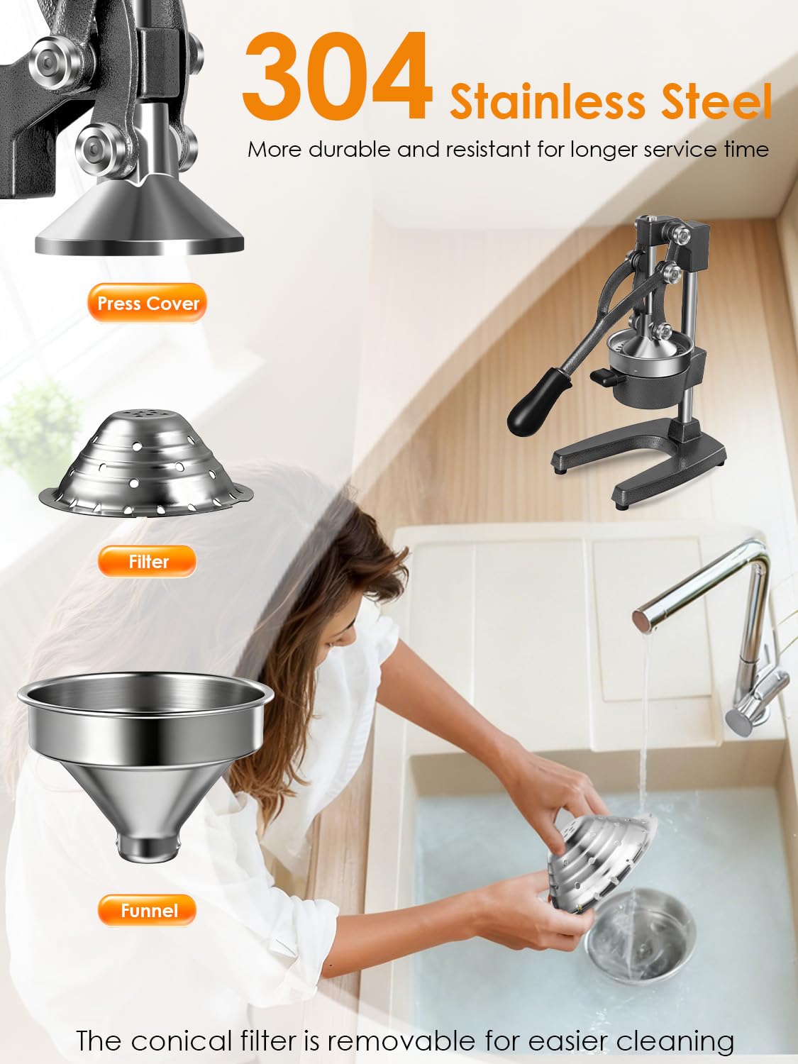 Saftpresse Manuell, Zitruspresse und Orangenpresse, Profi Zitronenpresse Handpresse mit 9cm Öffnung, Leicht zu Reinigende Zitruspresse, Profi Orangenpresse für Orangen Zitronen Granatäpfel Grapefruits