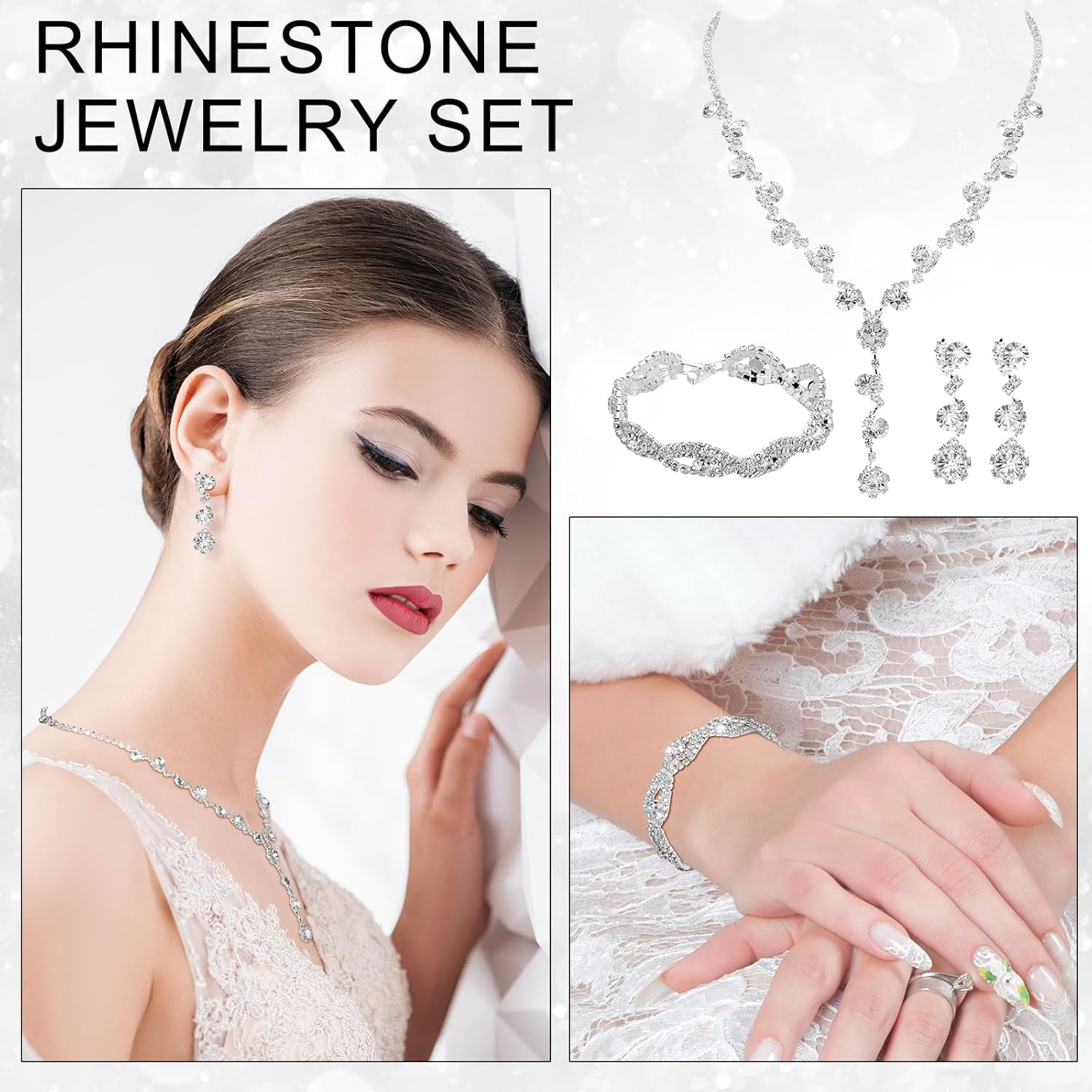 6 Sets Bridesmaid Jewelry Set for Wedding Silver Crystal Rhinestone Necklace Earrings Bracelet for Women Bride Bridal Jewelry - Image 2