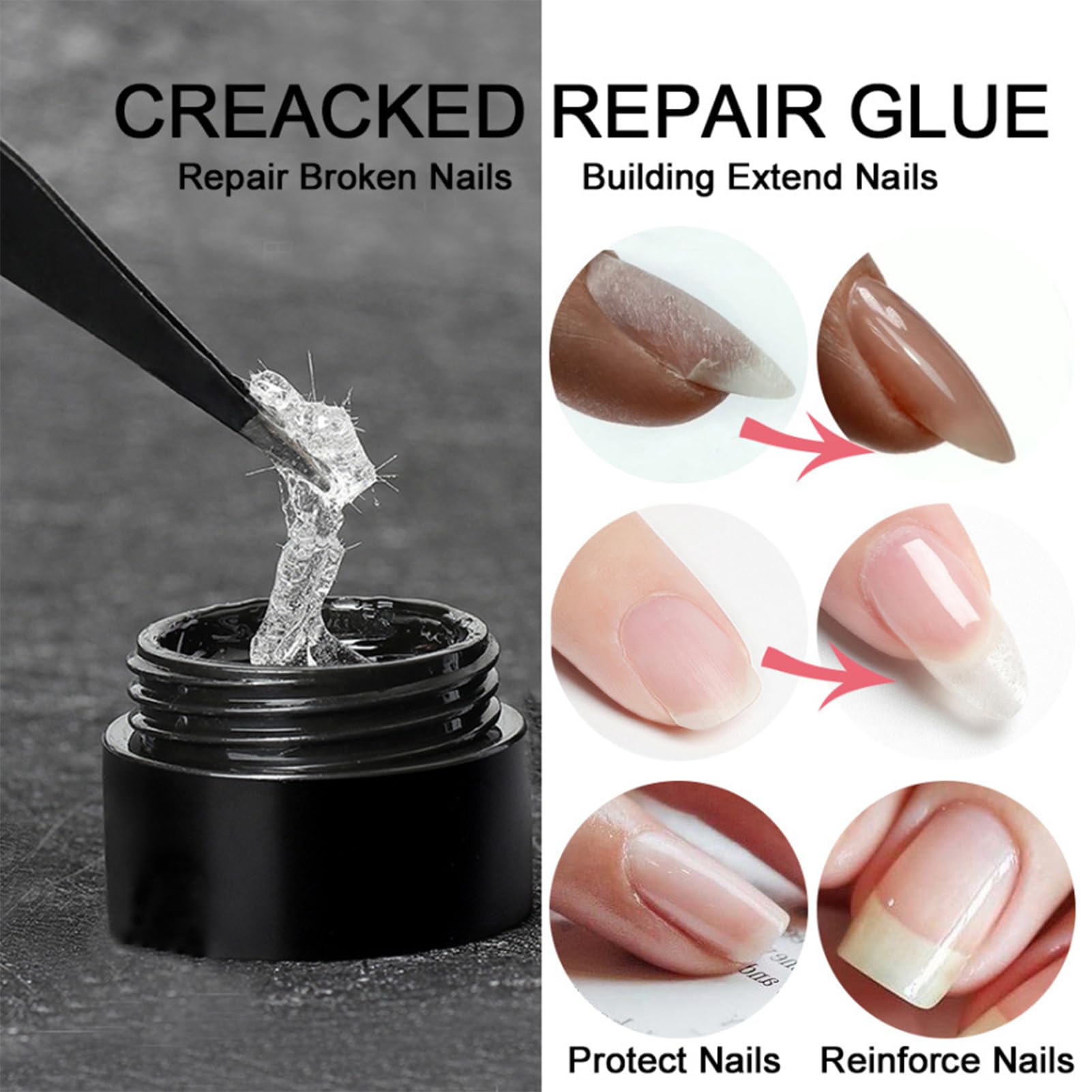 Nail Repair Protection Gel, Instant Cracked Nails Repairs Gels, Nail Repair Protection Gel, Includes Double-ended Brush, Manicure Supplies For Easy Quick Fix, Fingernail Strengthener
