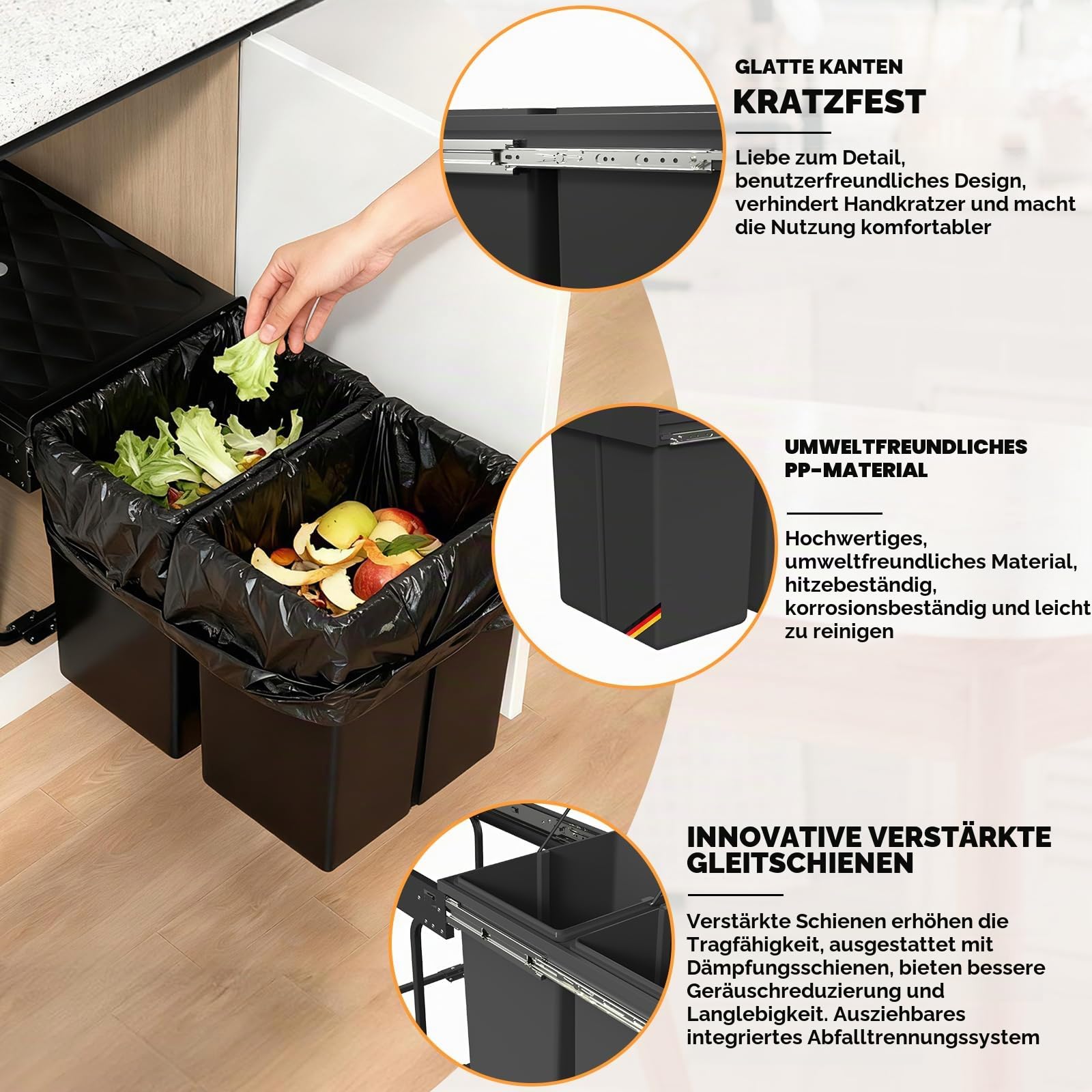 Huracan Mülleimer Küche Unterschrank Ausziehbar 40L, Mülleimer 2 Fächer, Mülltrennsystem Küche, Einbaumülleimer, Abfallsammler für Küchenschrank, Herausnehmbare Eimer, Platzsparend, Schwarz