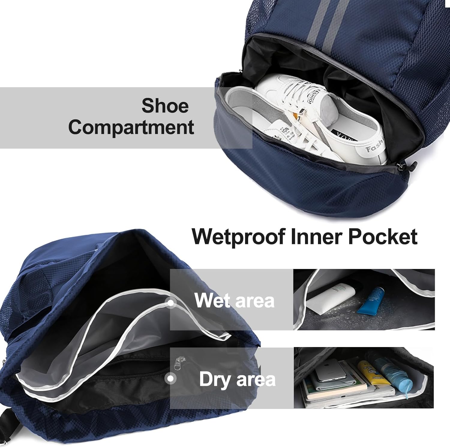 Hoedia Sports Drawstring Backpack - String Swim Gym Bag with Shoes Compartment and Wet Proof Pocket for Women/Men (Navy Blue)