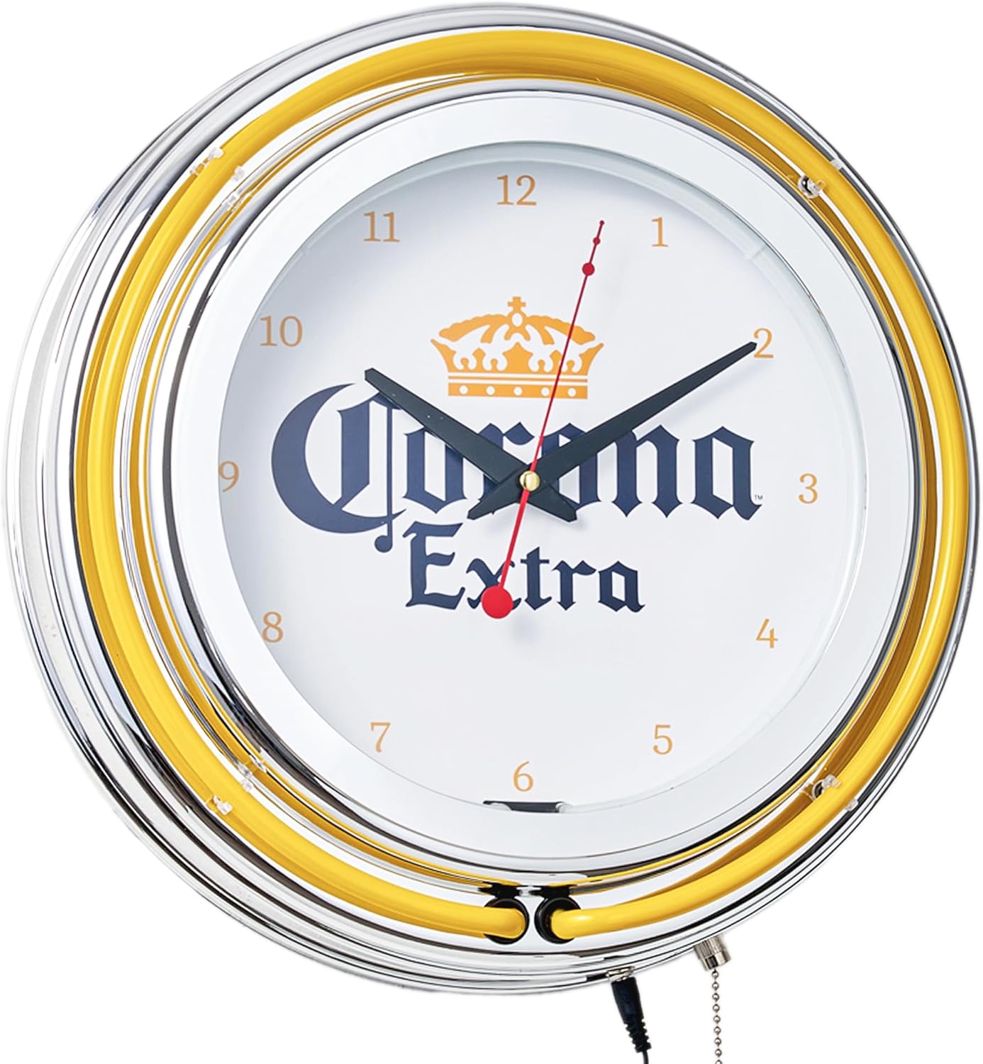 American Art Decor Retro Neon Wall Clock - Round Battery Operated Vintage Analog Clock W/Pull Chain - for Bar, Man Cave, Garage, Arcade, Game Room & More (Corona, 14.5” x 14.5” x 3.25”)