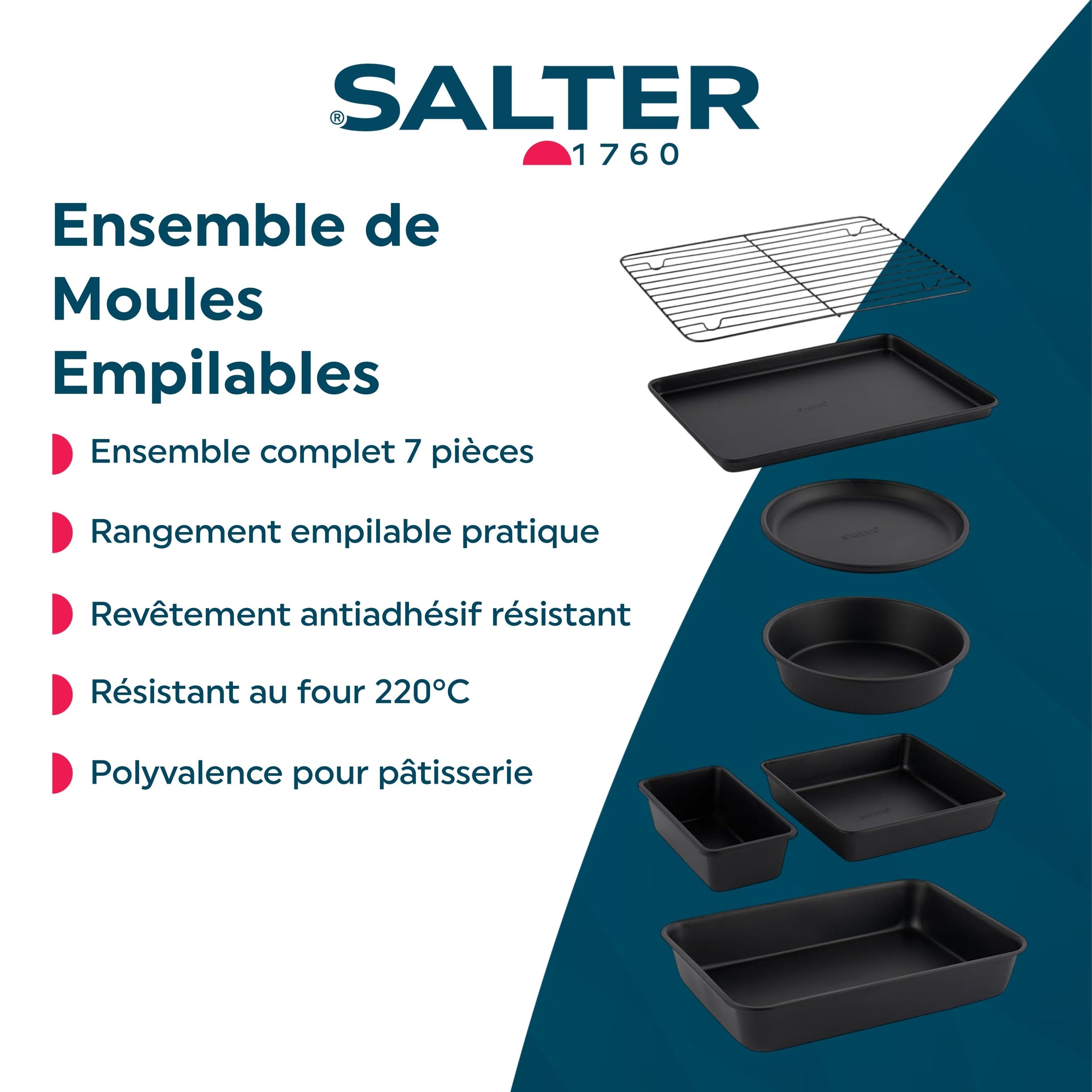 Salter Bakes Set à Pâtisserie 7 Pièces, Moules à Gâteaux Empilables Antiadhésifs, Kit Pâtisserie Complet avec Moule Tarte/Pain/Brownie/Plat à Rôtir, Plaque de Cuisson & Grille de Refroidissement