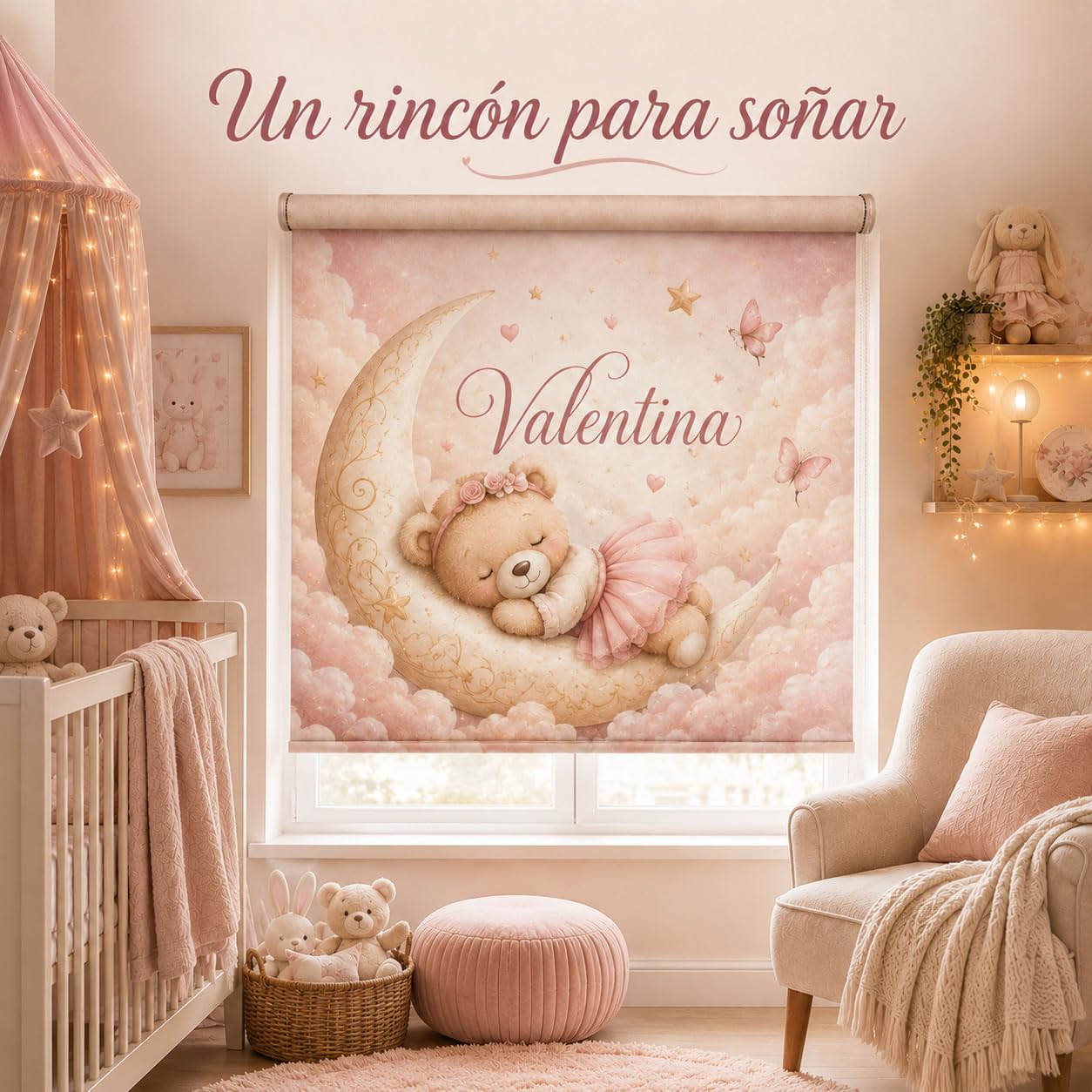 Estor Enrollable Infantil Niña a Medida – Osita Luna – Tejido Translucido Calidad - Decoración Habitación Infantil – Hecho en España