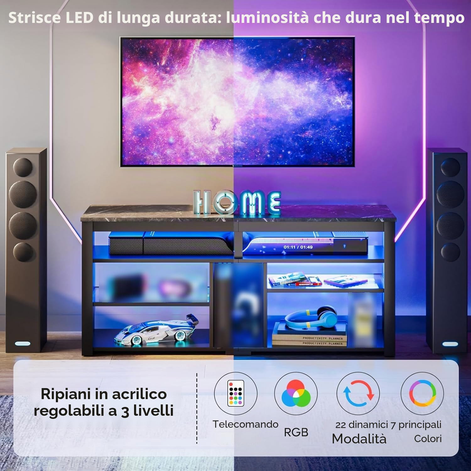Bestier Mobile TV alto per TV da 65", mobile porta TV con contenitore PS5, console TV LED con ripiano regolabile per soggiorno, marmo nero