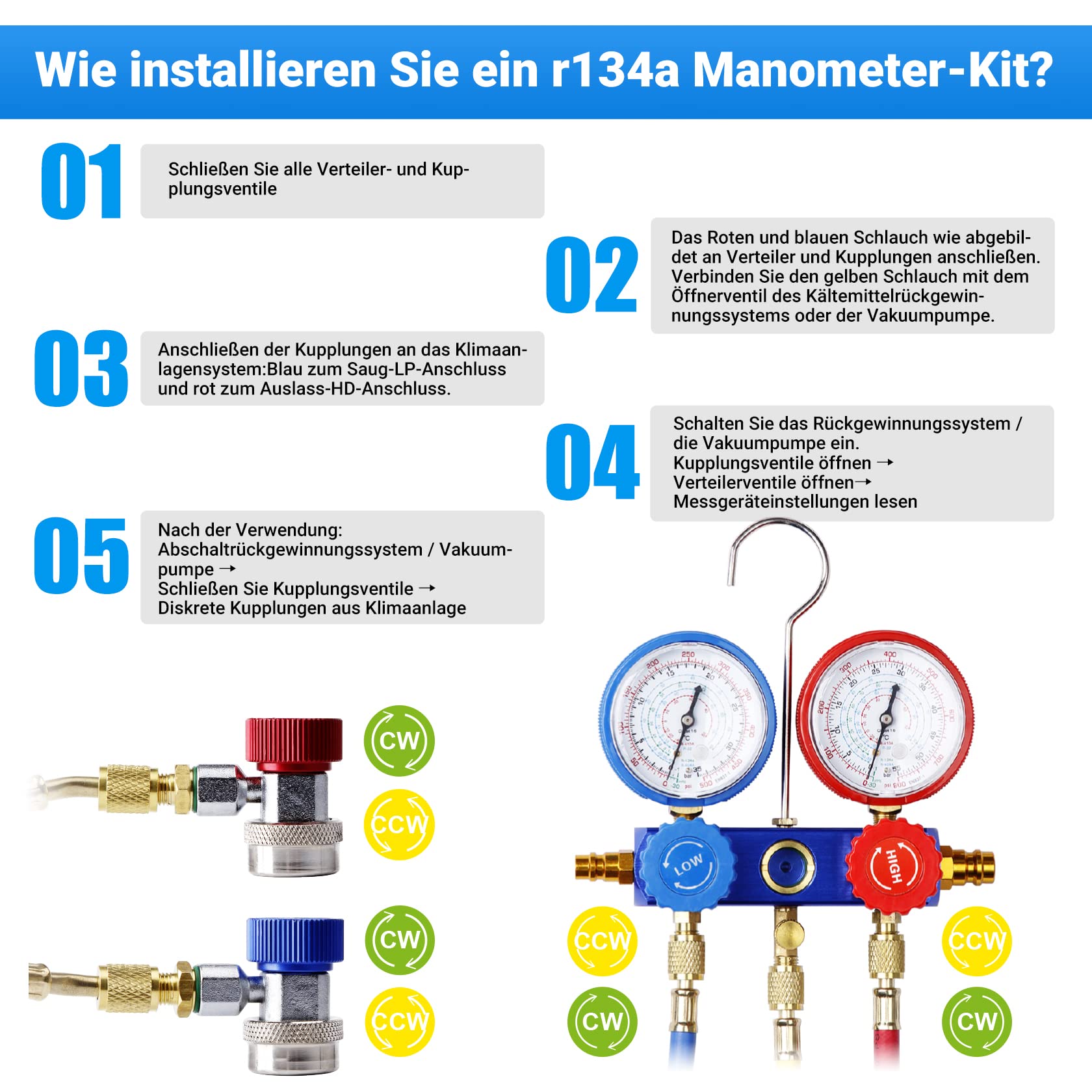 Manometerverteiler 4-Wege R410A, R32, R407C, R134A Manometerverteiler 4-Wege R410A, R32, R407C, R134A