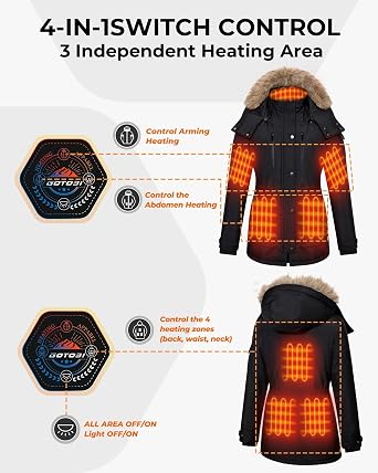 Heated Jackets for Women with 18400mAh 12V Battery Pack - Windproof Parka Womens Heated Jacket with Detachable Hood