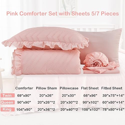 Miniatura 8 de DECMAY Juego de edredón rosa de 7 piezas para niñas, juego de ropa de cama estilo desgastado chic con volantes y flecos, juego de edredón bohemio