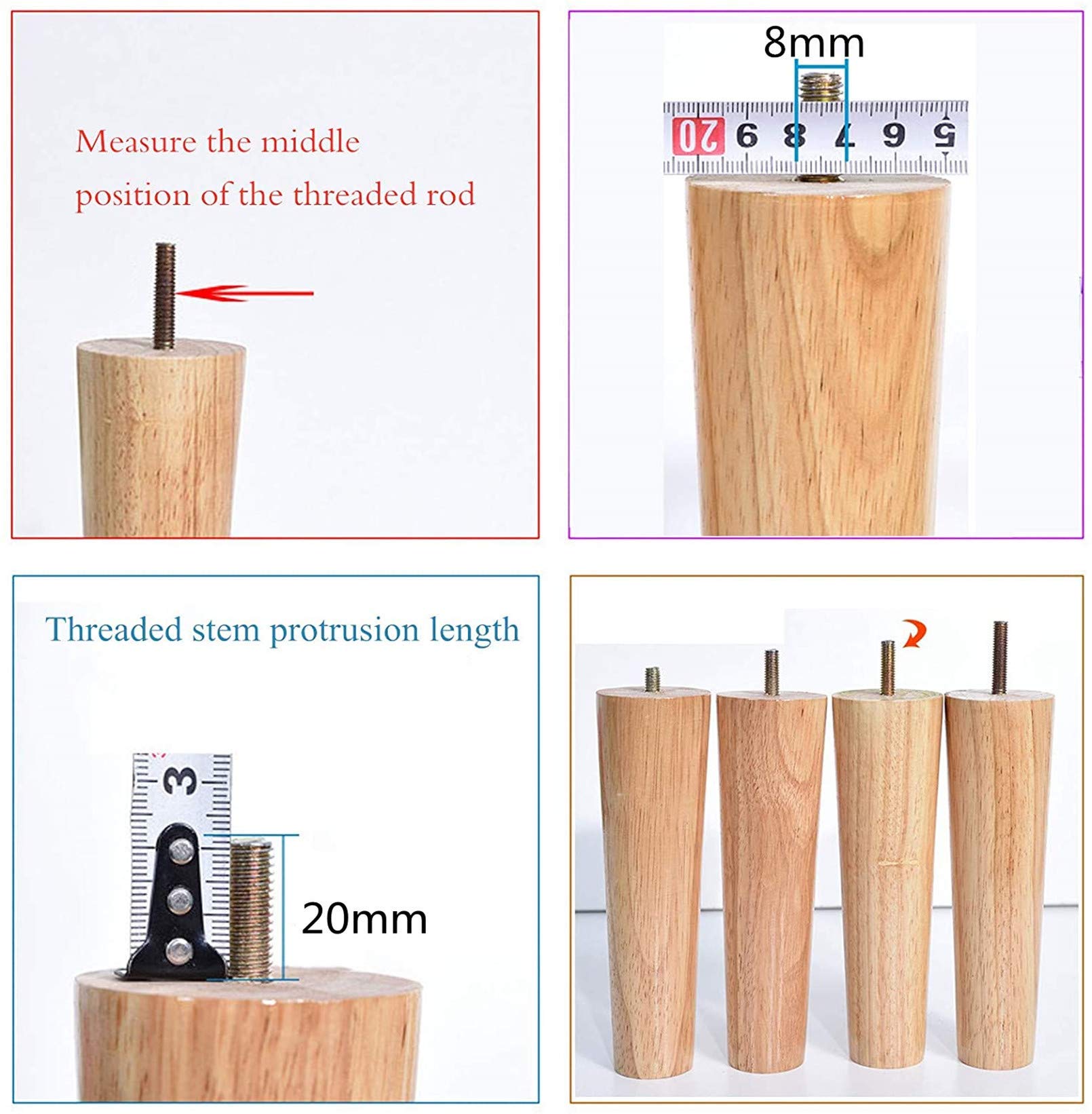 Set di 4 gambe coniche di ricambio per mobili in legno massello, con filettatura M8, tappetini antiscivolo, altezza 10 cm, piedini in legno di gomma per poltrone, armadietti, cassettiere, sedie, per