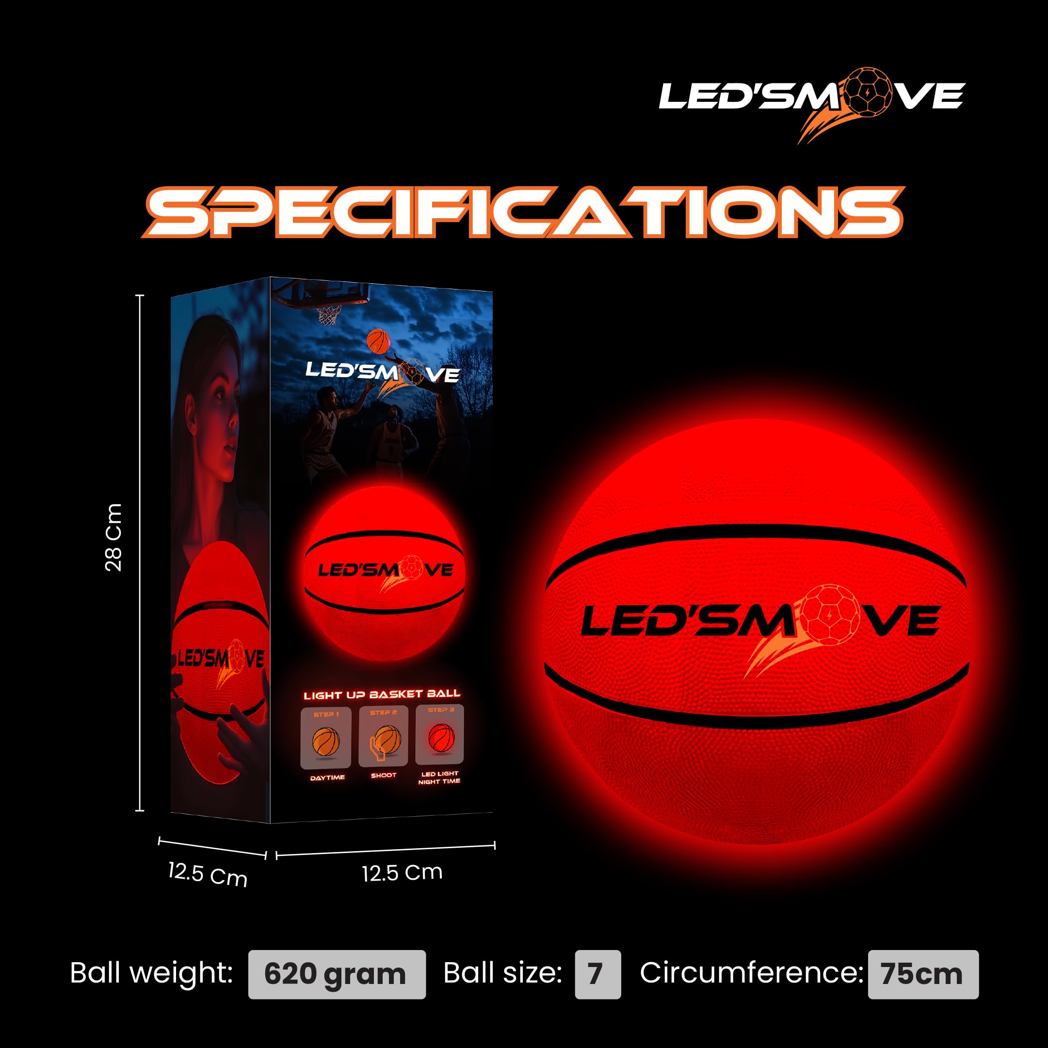 LED'S MOVE LED Light Up Basketball, Luminous BasketBall Gift Glow in The Dark, Size 7 Ball for Indoor & Outdoor Games - Image 3