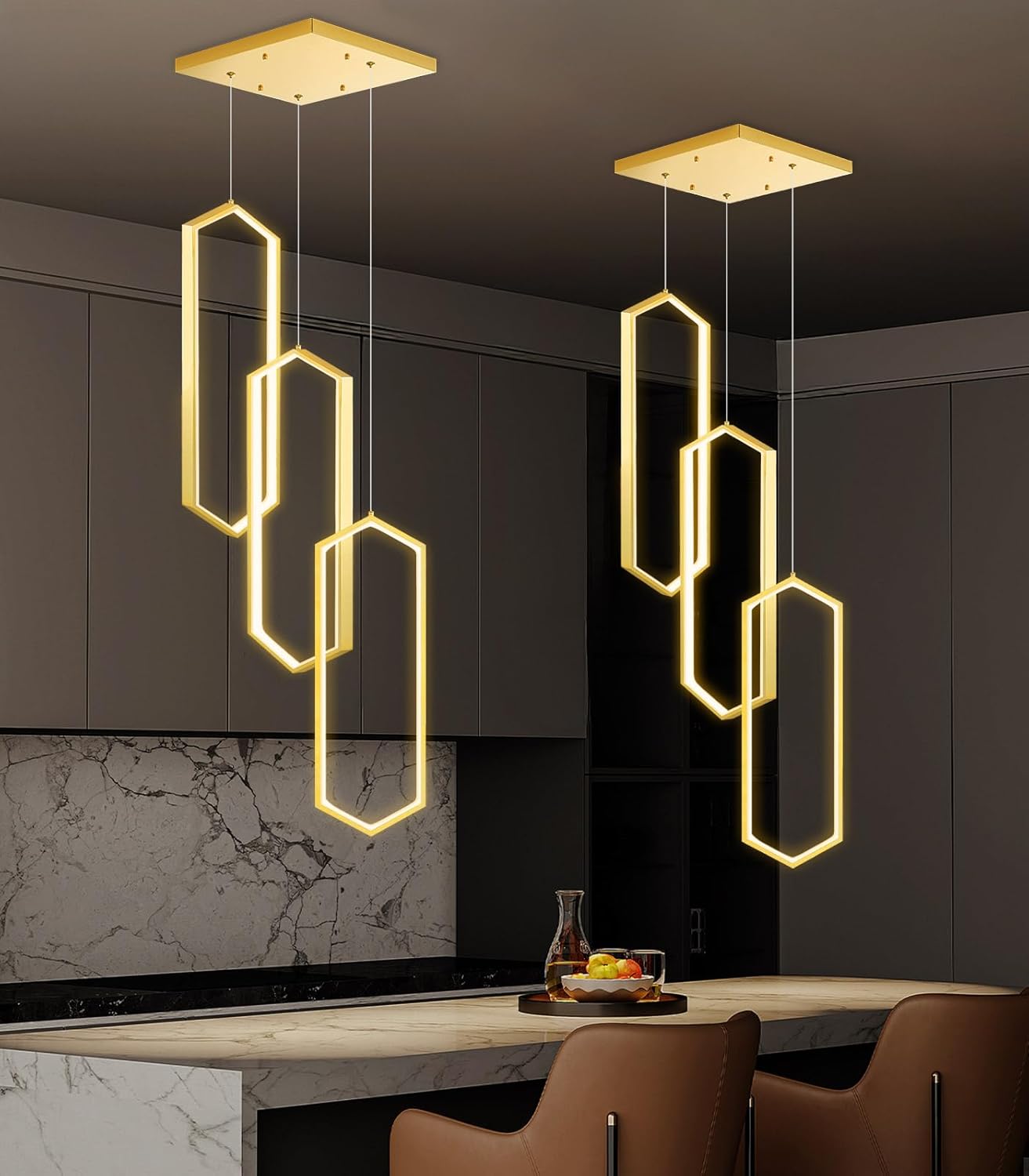 3-Rings Dimmable Pendant Lighting Adjust LED Chandelier Ceiling Light Fixtures for Kitchen Island Dining Room Living Room Bedroom Gold