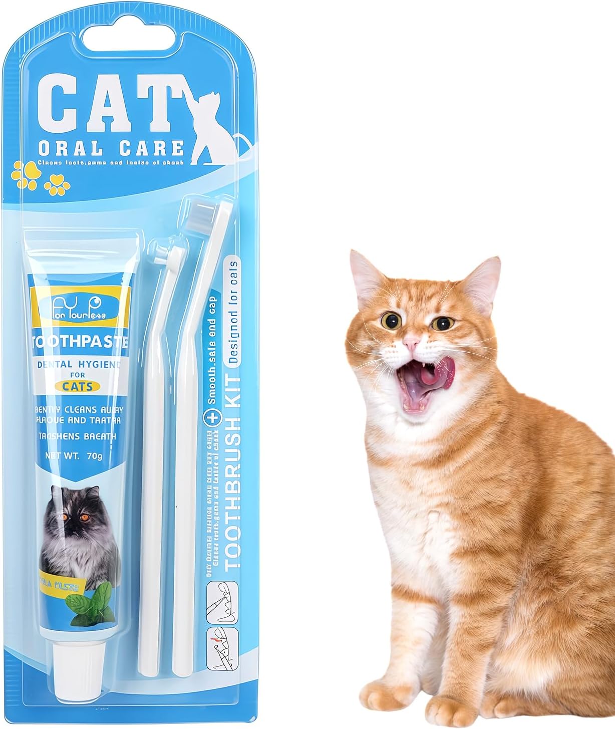 HOP Cat Toothbrush and Toothpaste Kit Vanilla Cat Toothpaste(70g) 2 Soft Nylon Bristles Micro-Head Cat Toothbrushes Kitten Tooth Brushing Kit Pet Dental Care Kit for Cats and Small Dogs Fresh Breath