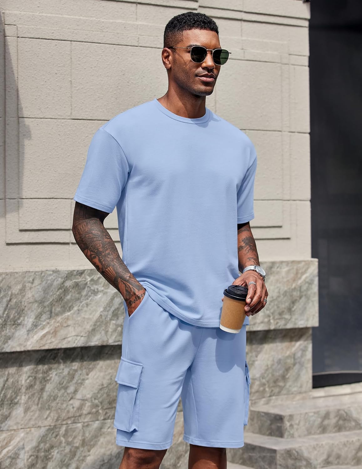 COOFANDY Men's Shirt and Shorts Set 2 Piece Fashion Summer Tracksuits Cotton Oversized T-Shirts Cargo Shorts Outfits - Image 3