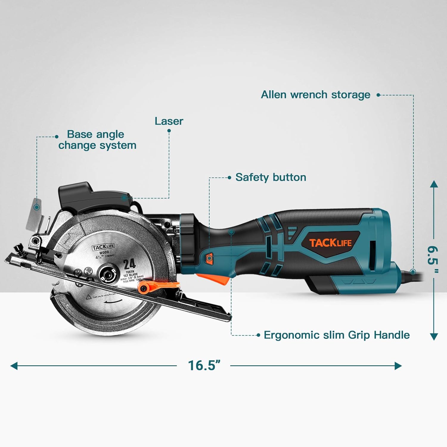 Diagram showing the dimensions of the 546 TCS115A Circular Saw, with a length of 16.5 inches and a height of 6.5 inches.