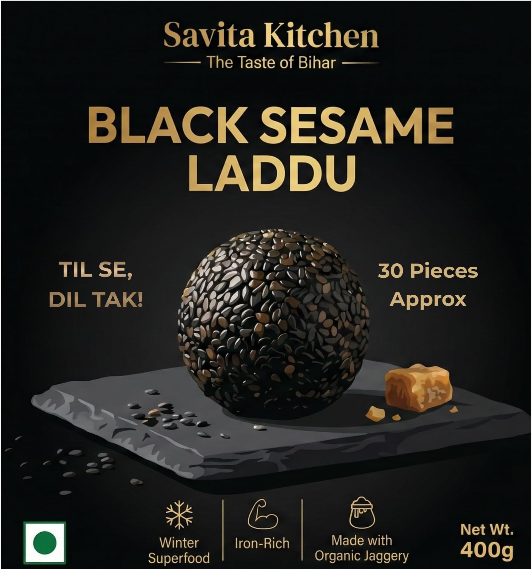 Savita Kitchen Black Sesame Laddu | Authentic Kala Til Gud Ke Laddu | Handmade with 100% Organic Jaggery | Iron-Rich Winter Superfood & Healthy Indian Sweet | No Artificial Flavors | (30 Piece Approx) (400 G)