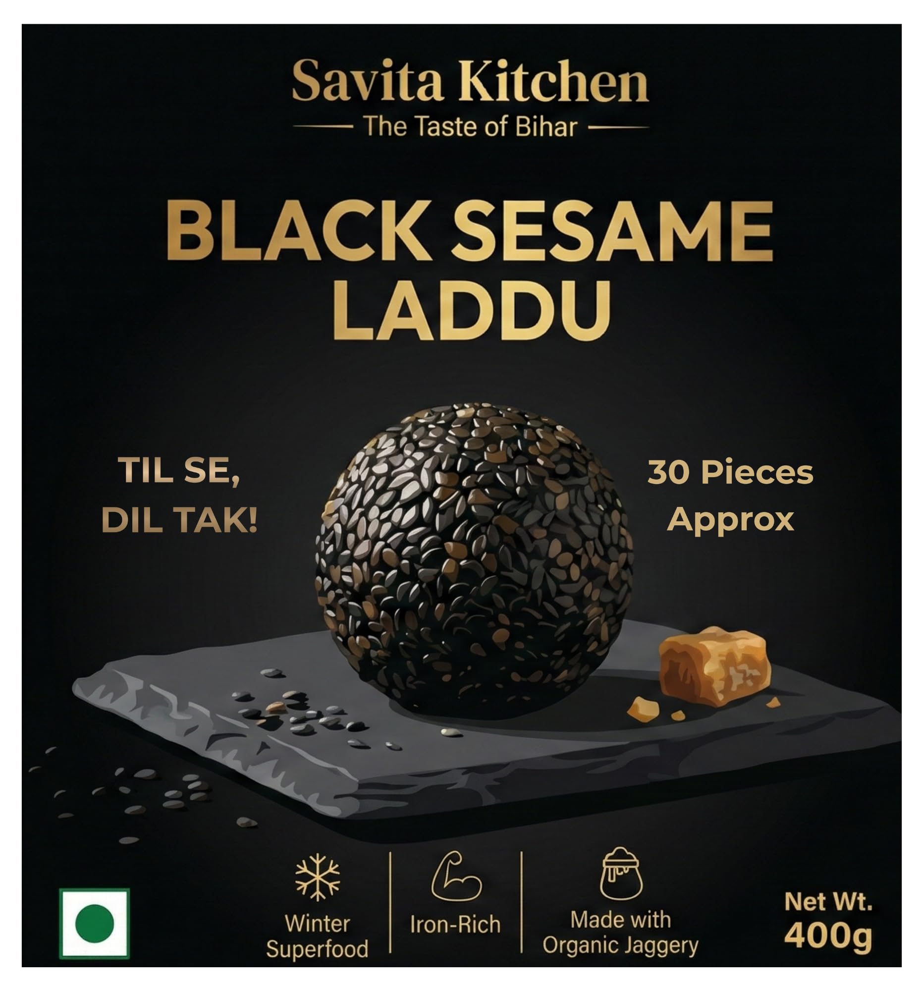 Savita Kitchen -The Taste of Bihar Black Sesame Seeds Ladoo(Kale Til Ke Laddu)|Organic & Healthy Til Gud Laddu|Iron & Calcium Rich|No Preservatives|Healthy,Winter Special(30 Piece Approx)(400 G)