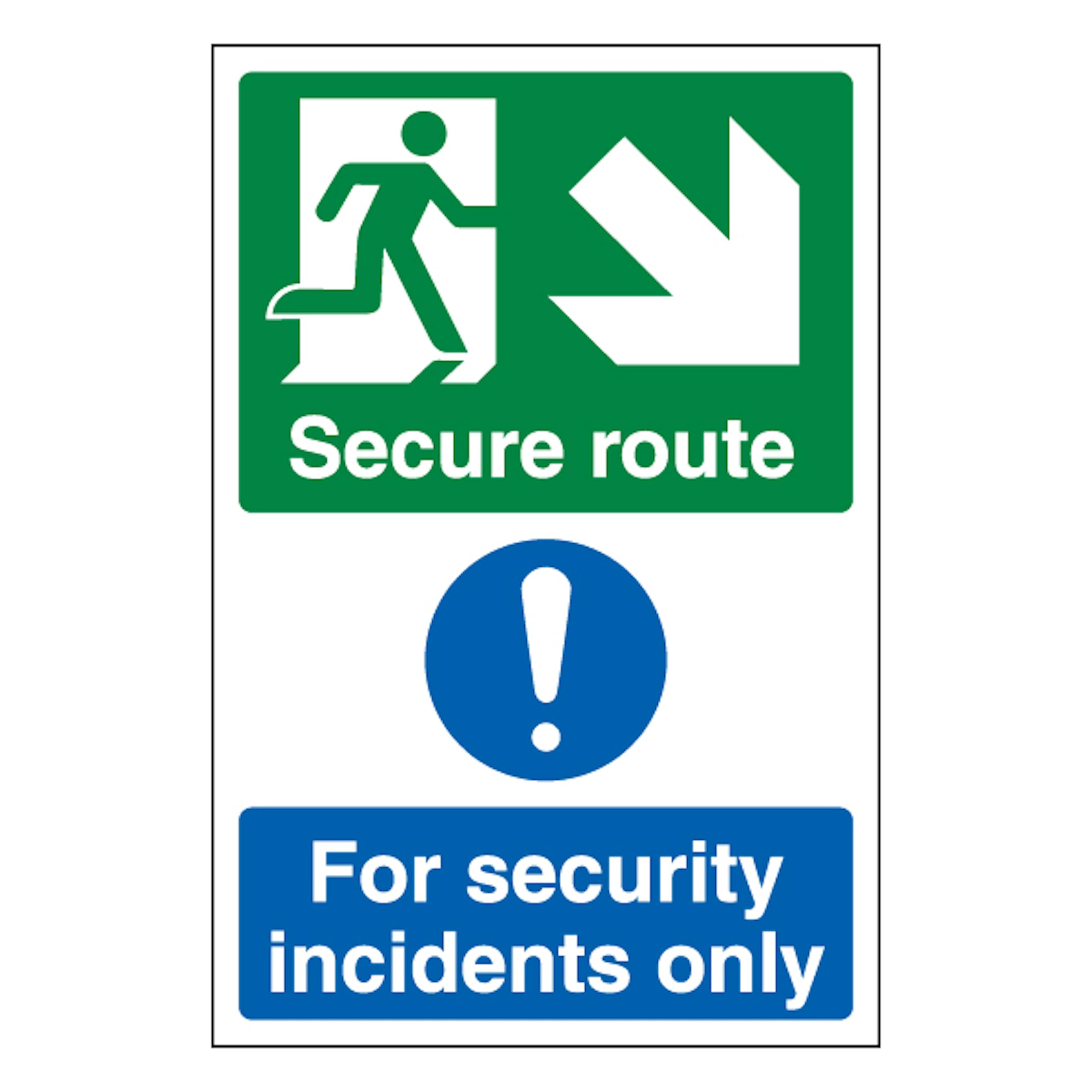 V Safety Secure Route Arrow Down Right/Security Incidents Only - Portrait 300 x 400mm - 1mm Rigid Plastic Safety Sign