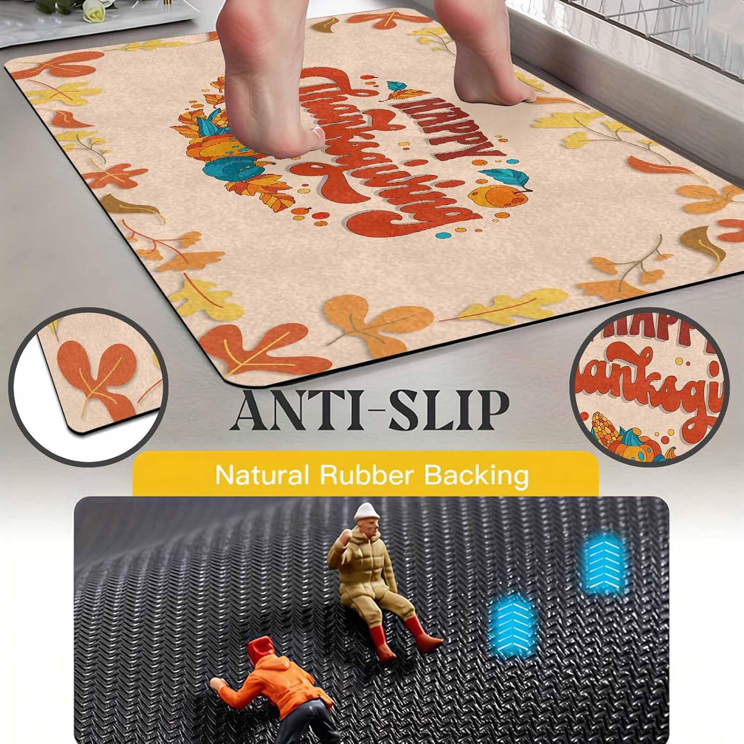 Cartoon Happy Thanksgiving Door Mat for Front Door with Non-Slip Rubber Backing, Indoor/Outdoor, Fall Décor, Home Decor, Entryway Doormat with Autumn Leaves & Pumpkins, 30×18"