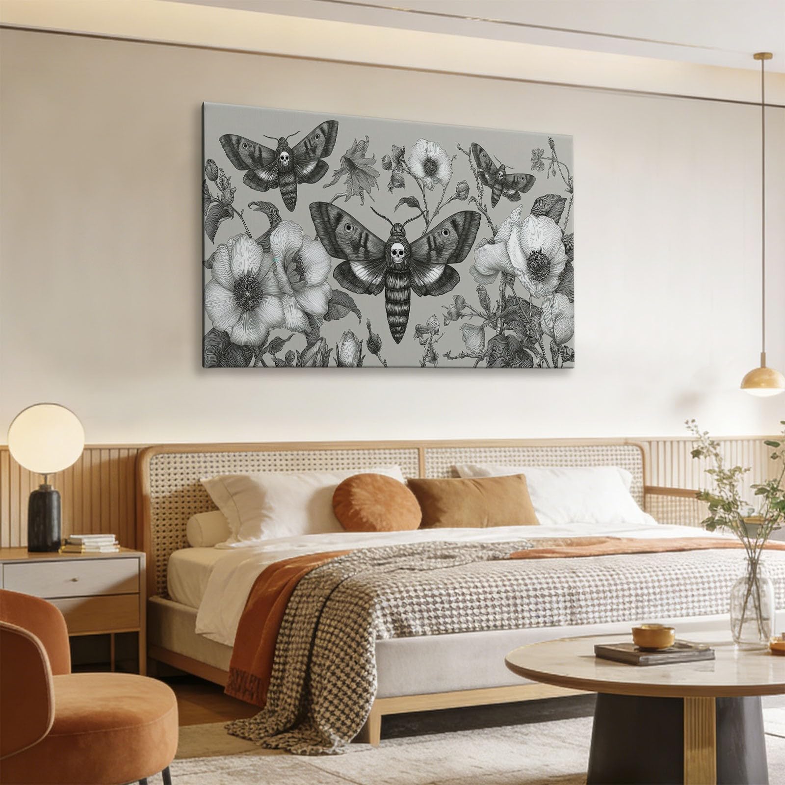 Generisch Grau Rustikal Ländlich Tier Motte Floral Modernes Leinwandbild 90L x 60B cm mit Rahmen, Vintage XXL Wanddeko für Wohnzimmer Geschenk Idee Einzug - Hochwertiger Kunstdruck auf Holzrahmen
