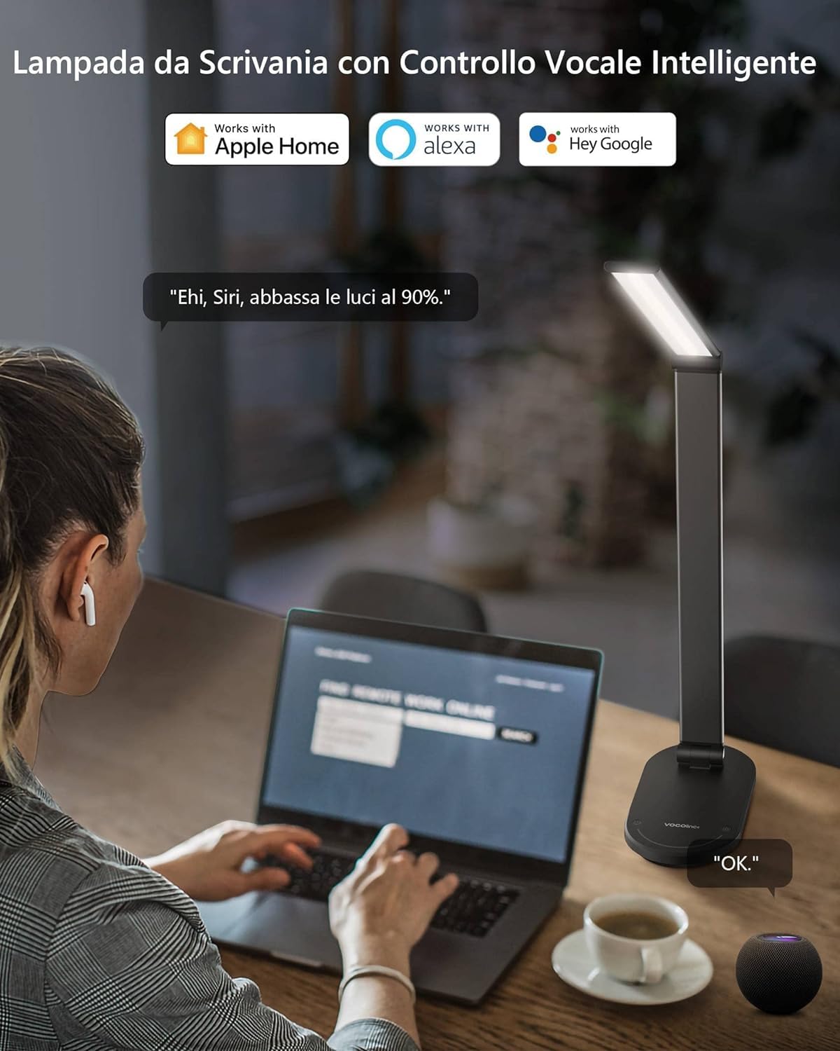 VOCOlinc Lampada da scrivania LED intelligente, compatibile con HomeKit/Alexa/Google Home, regolazione continua, controllo vocale/APP/touch, con timer