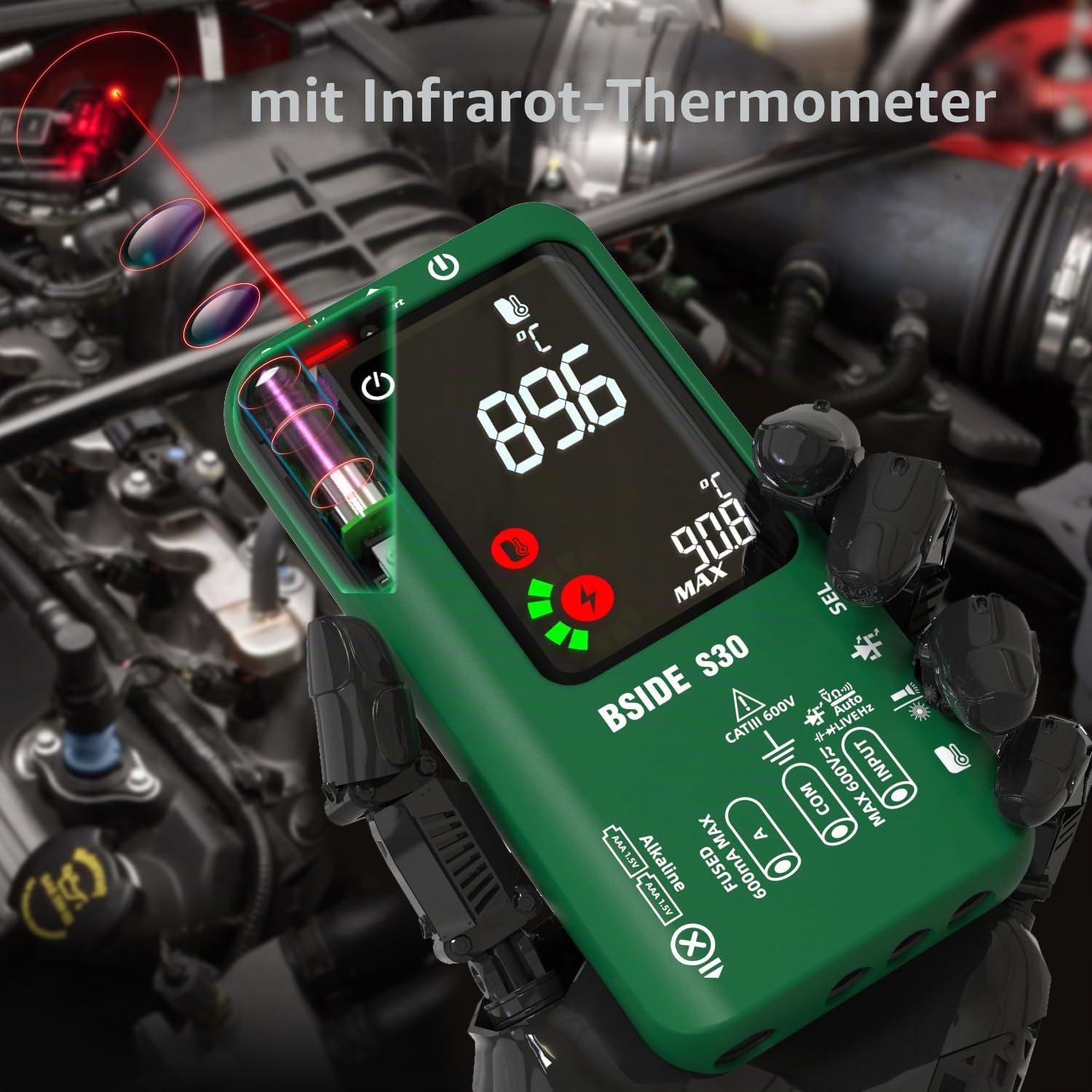 BSIDE Digitales Automatisches Multimeter Infrarot Thermometer Hochspannung Diode LED Tester 9999 Zähler Farb LCD Spannungsprüfer Strommessgerät Kapazität Diode Ohm Messgerät für LED KFZ Elektriker