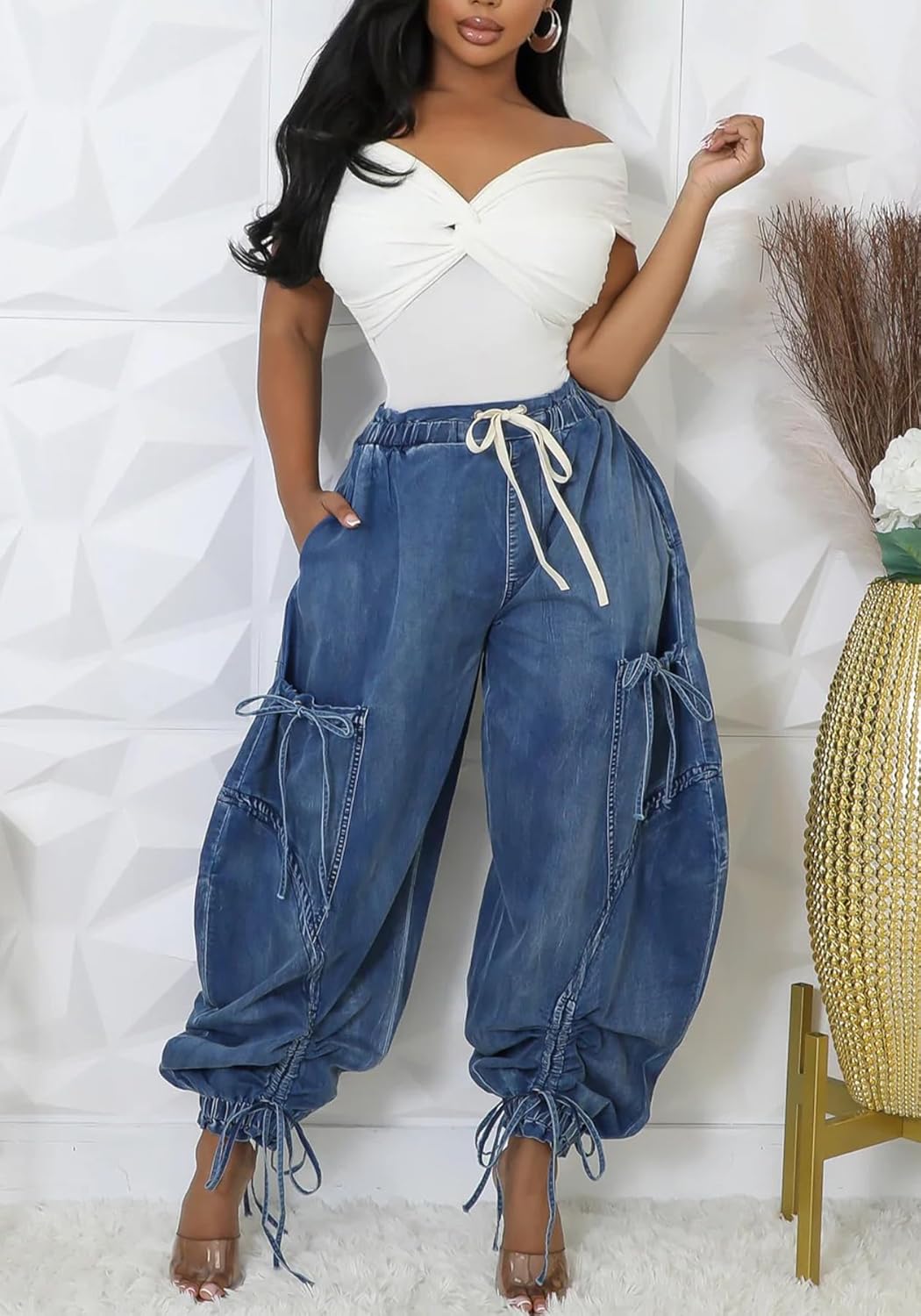 LETSVDO Women's Baggy Cargo Jogger Jeans High Waisted Wide Leg Drawstring Bow Pockets Loose Harem Denim Pant Sweatpants - Image 5