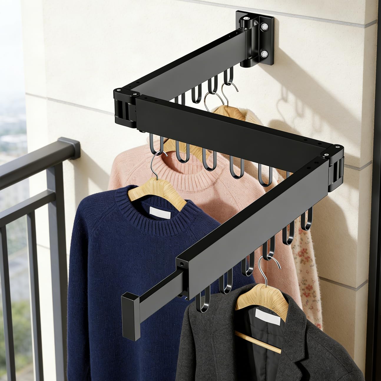 Étendoir à Linge Mural Pliable et rétractable de 128 cm, 3 étendoirs, Gain de Place, idéal pour balcons, salles de Bain et buanderies, Noir