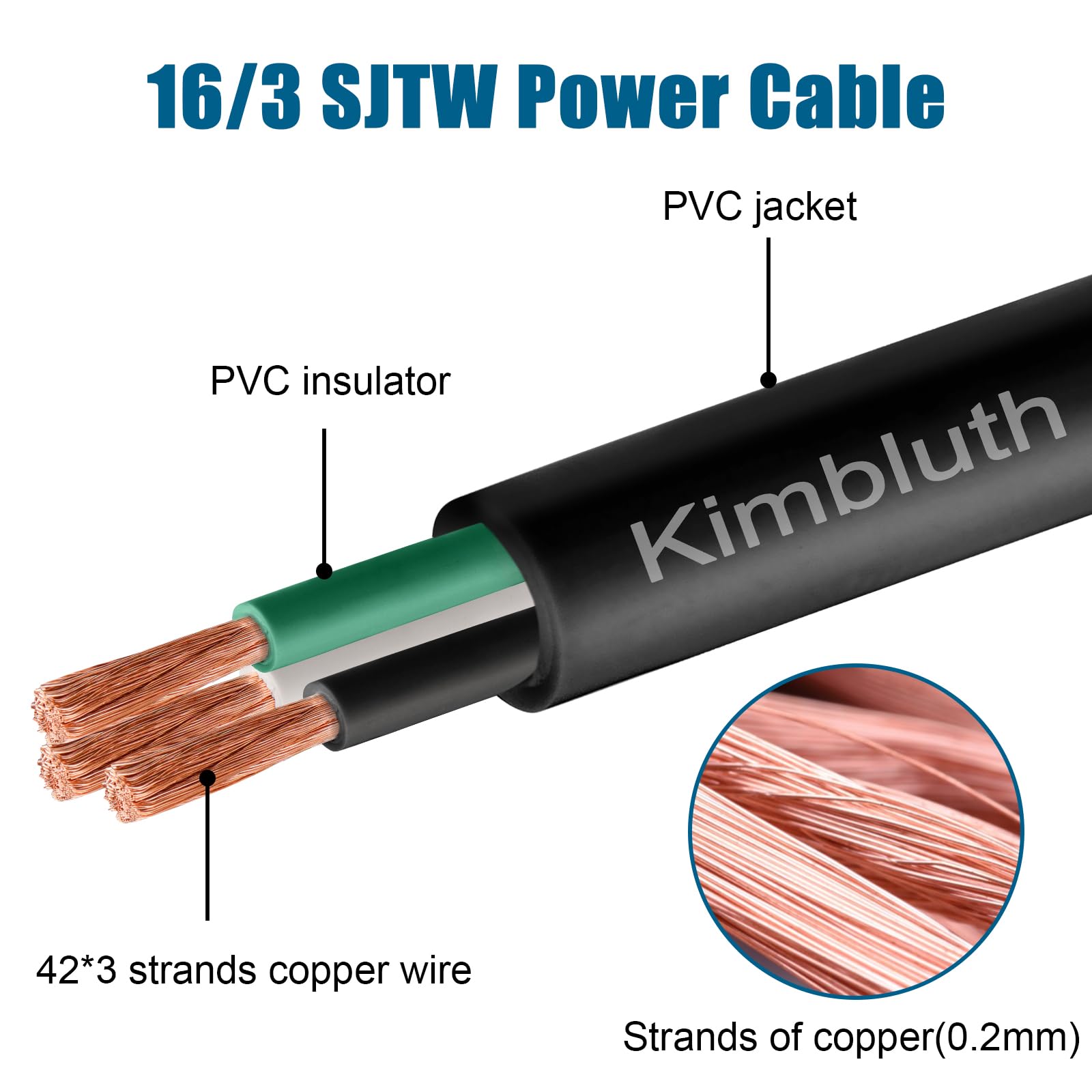 Cable de alimentación SJTW de calibre 16 con 3 conductores para exteriores, 100 pies, cable eléctrico de cobre puro resistente para césped, batería, automoción, exteriores