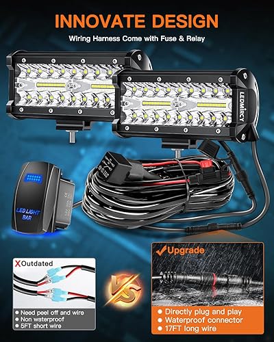 Miniatura 2 de LEDMIRCY Kit de barra de luz LED de 7 pulgadas con interruptor basculante, arnés de cable, 2 luces LED de triple fila, haz combinado de inundación