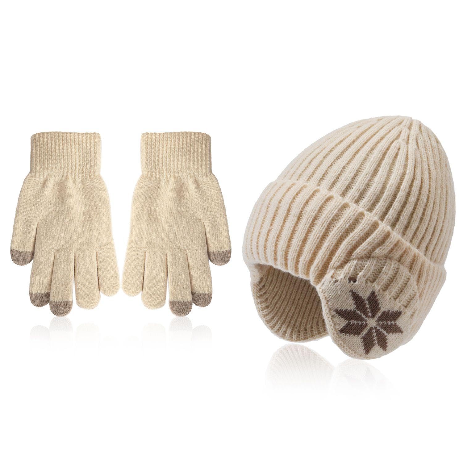 WUFGWBD 1 Knitted Hat And 1 Pair Of Knitted Gloves, Winter Thermal Products, Fleece Warm Hat, Ear Protection Beanie, Touch Screen Gloves