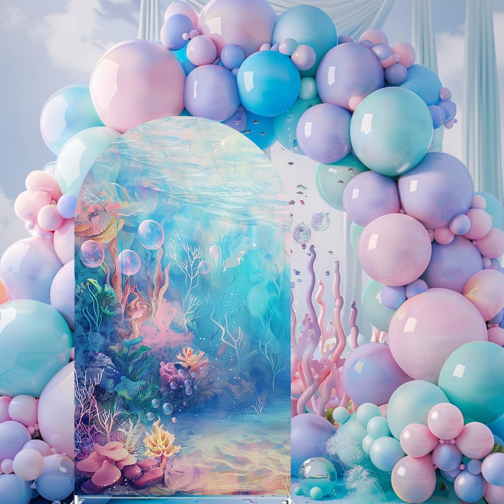 Uoimystify Underwater Castle Arches Backdrop Cover - Stretchy Fabric Covers for Mermaid Theme Party, Ocean Birthday Decorations, and Event Photo Booth