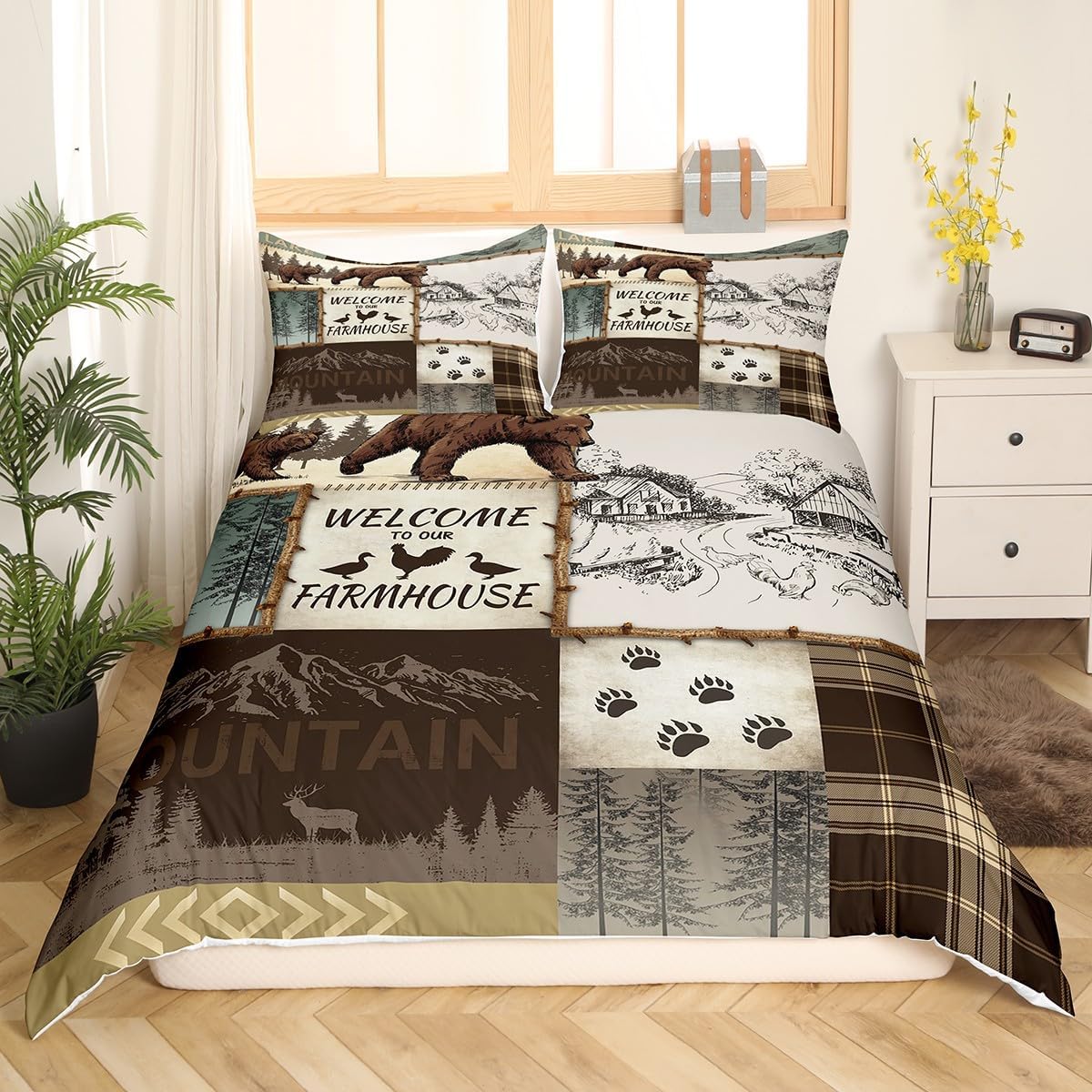 Rustic Bear Queen Comforter Cover,Lake Country Lodge Cabin Duvet Cover for Kids Boys Girls Youth,Farmhouse Wooden Pine Trees Bedspread Cover,Westurn Mountain Country Style Bedding,Microfibre