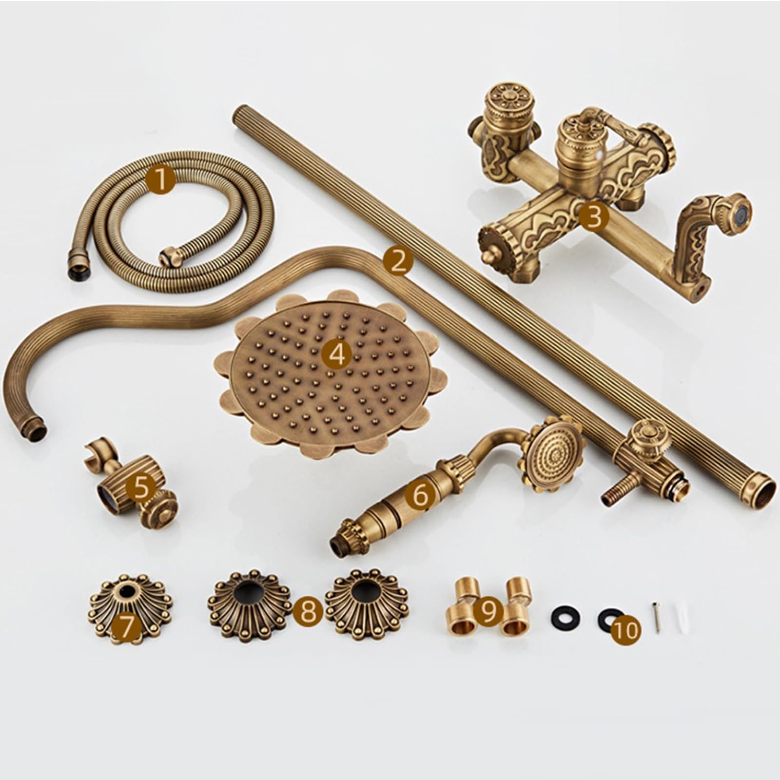Système de Douche en Laiton Antique, Système de Douche à 3 Fonctions avec Tuyau Apparent, Douchette Supérieure de 21 cm, Douchette à Main et Robinet Rotatif(A2)