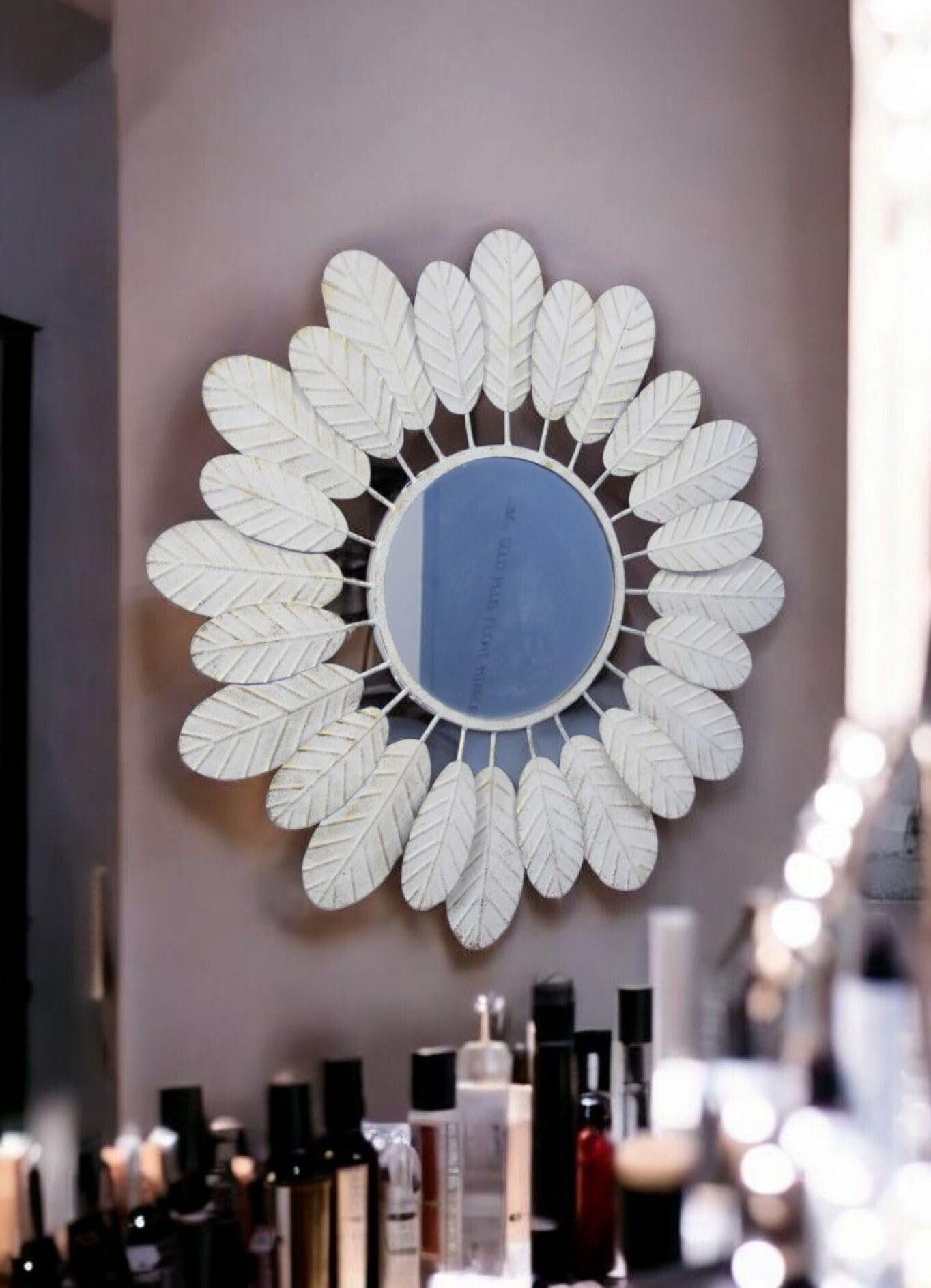 Malik Designs Handcrafted White Father Leaf Round Metal Mirror for Home Decor- Decorative Mirror (Round Finish : Matte) 1