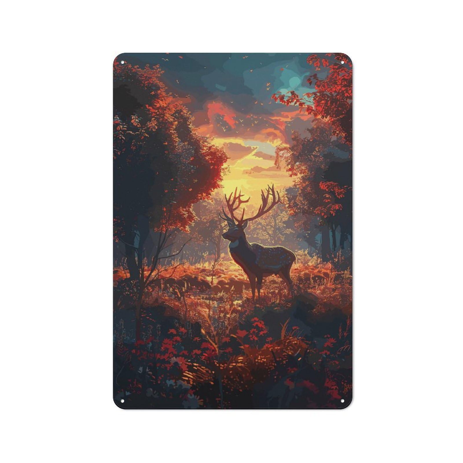 Junmoney Style-23 Deer Forest Sunset Industrial-Style Tin Sign 30X20cm For Garage Or Workshop, For Garage, Workshop And Man Cave Decoration