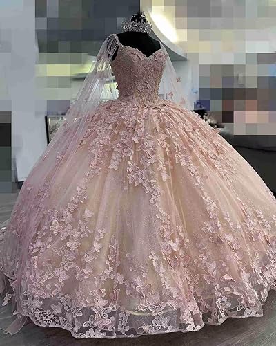Miniatura 4 de Vestido de quinceañera de dos piezas de Cenicienta con capa y hombros descubiertos y encaje de mariposa